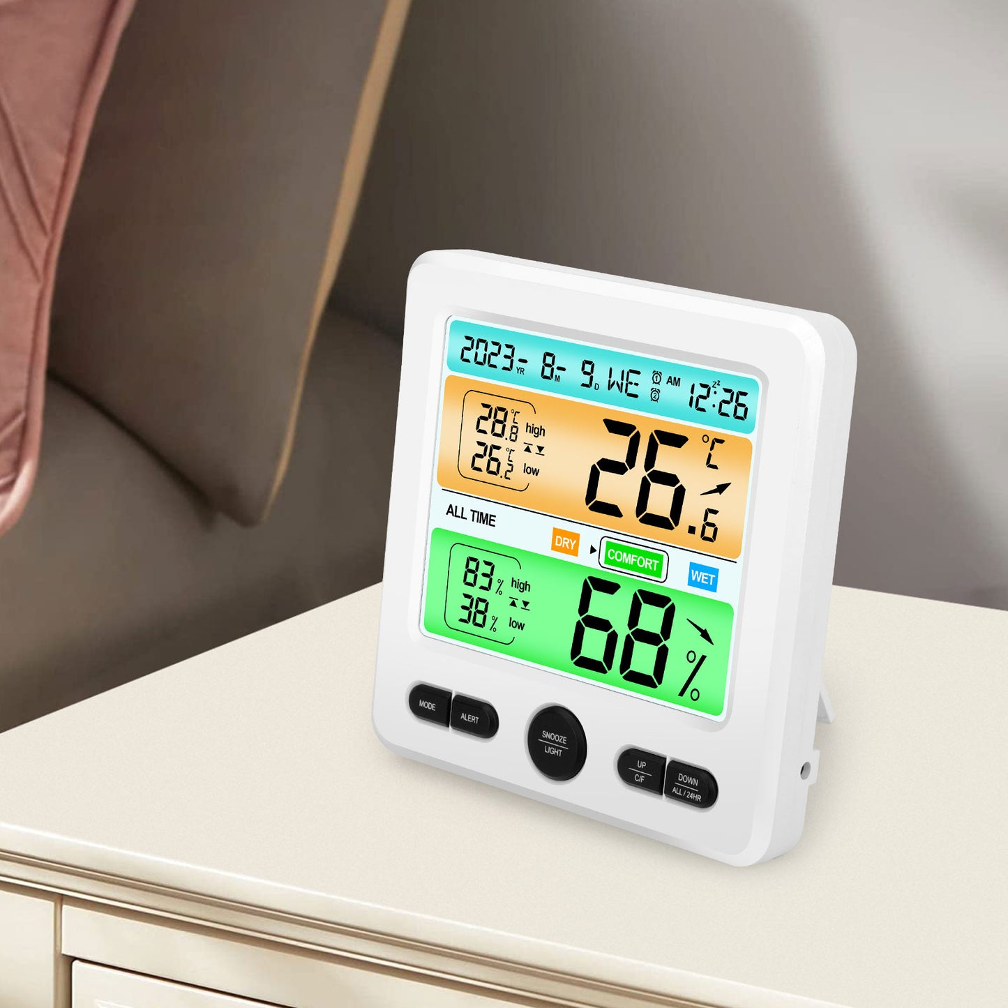 LCD Display Wall-mounted Desktop Indoor Humidity Temperature Meter - All in One Alarm Clock Thermometer Hygrometer Digital Thermometer Hygrometer (White)