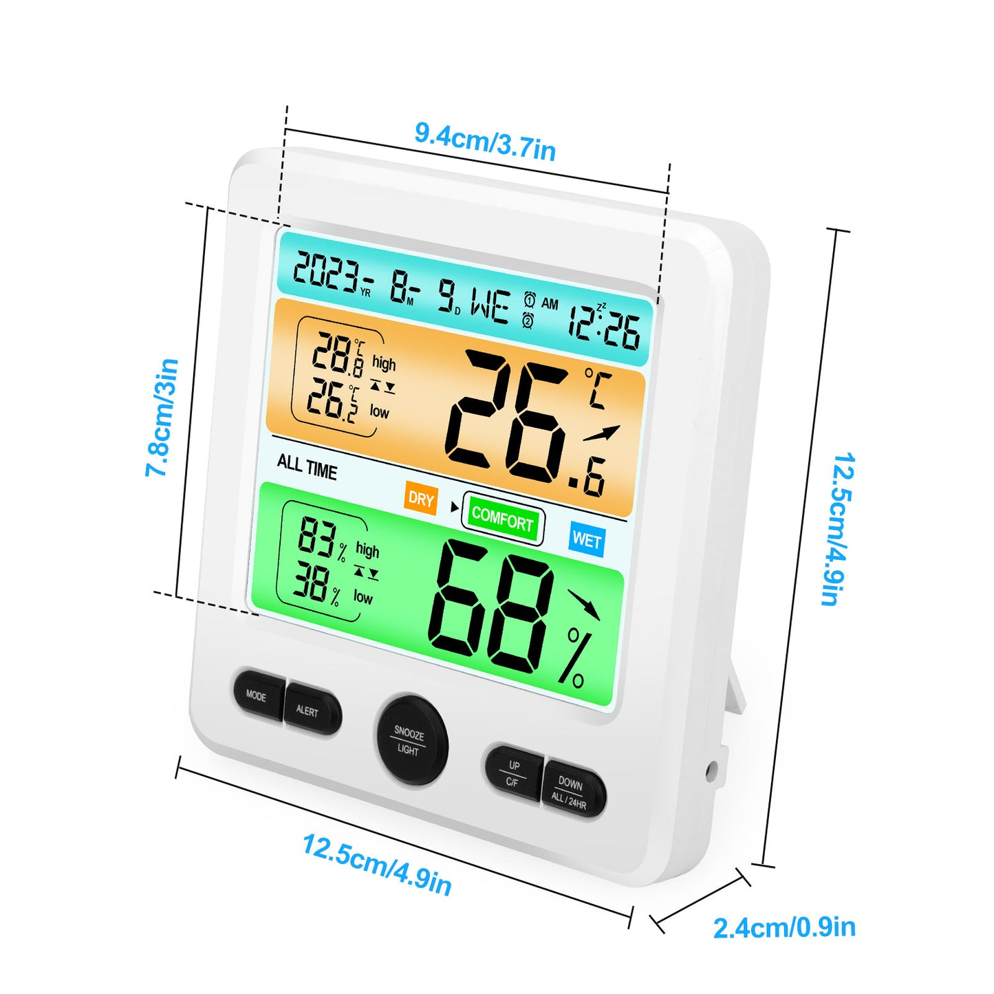 LCD Display Wall-mounted Desktop Indoor Humidity Temperature Meter - All in One Alarm Clock Thermometer Hygrometer Digital Thermometer Hygrometer (White)