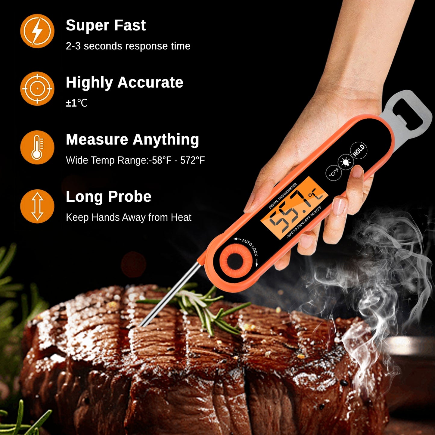 Instant Read Digital Food Thermometer - Foldable Food-Grade Stainless Steel Probe with Bottle Opener for Kitchen, BBQ, Grill (Orange /Black)