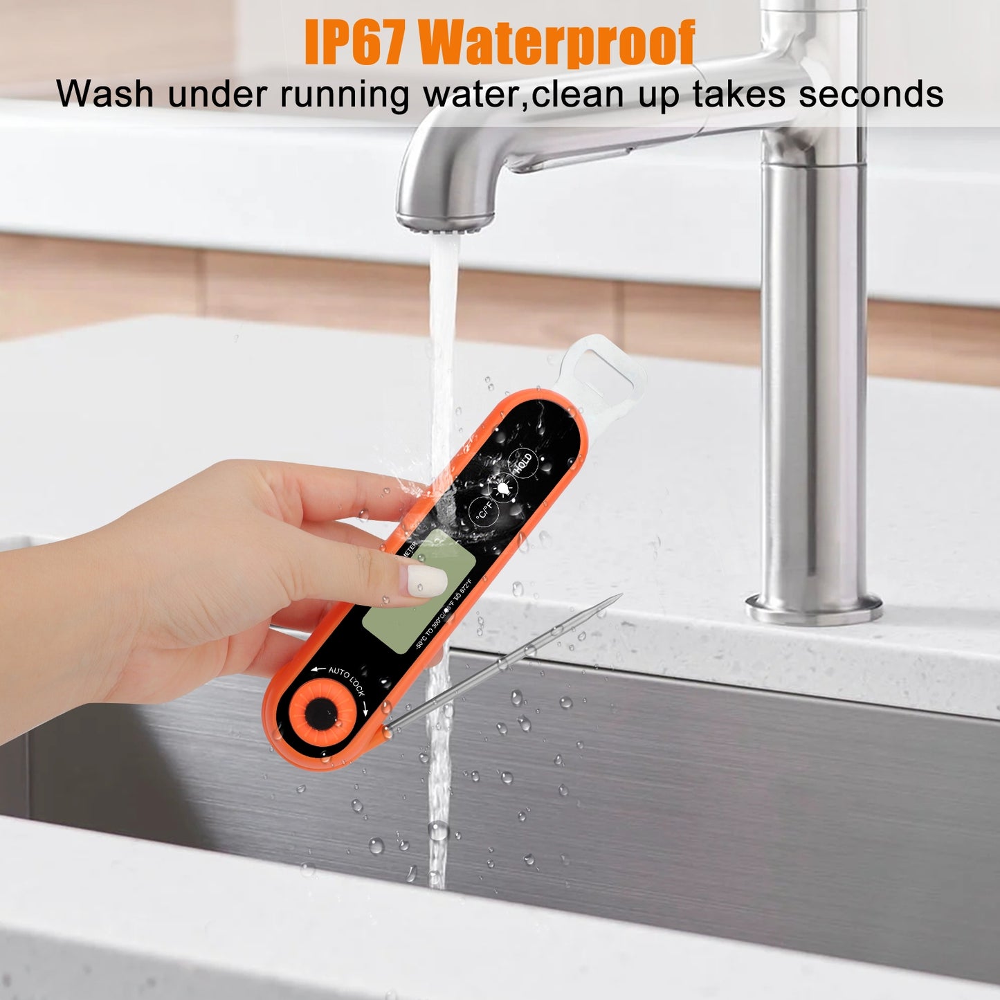 Instant Read Digital Food Thermometer - Foldable Food-Grade Stainless Steel Probe with Bottle Opener for Kitchen, BBQ, Grill (Orange /Black)