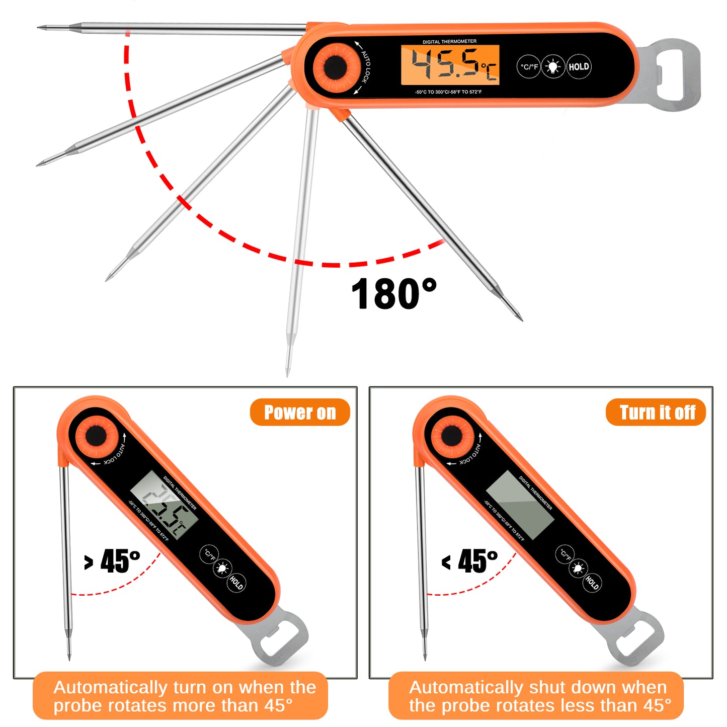 Instant Read Digital Food Thermometer - Foldable Food-Grade Stainless Steel Probe with Bottle Opener for Kitchen, BBQ, Grill (Orange /Black)