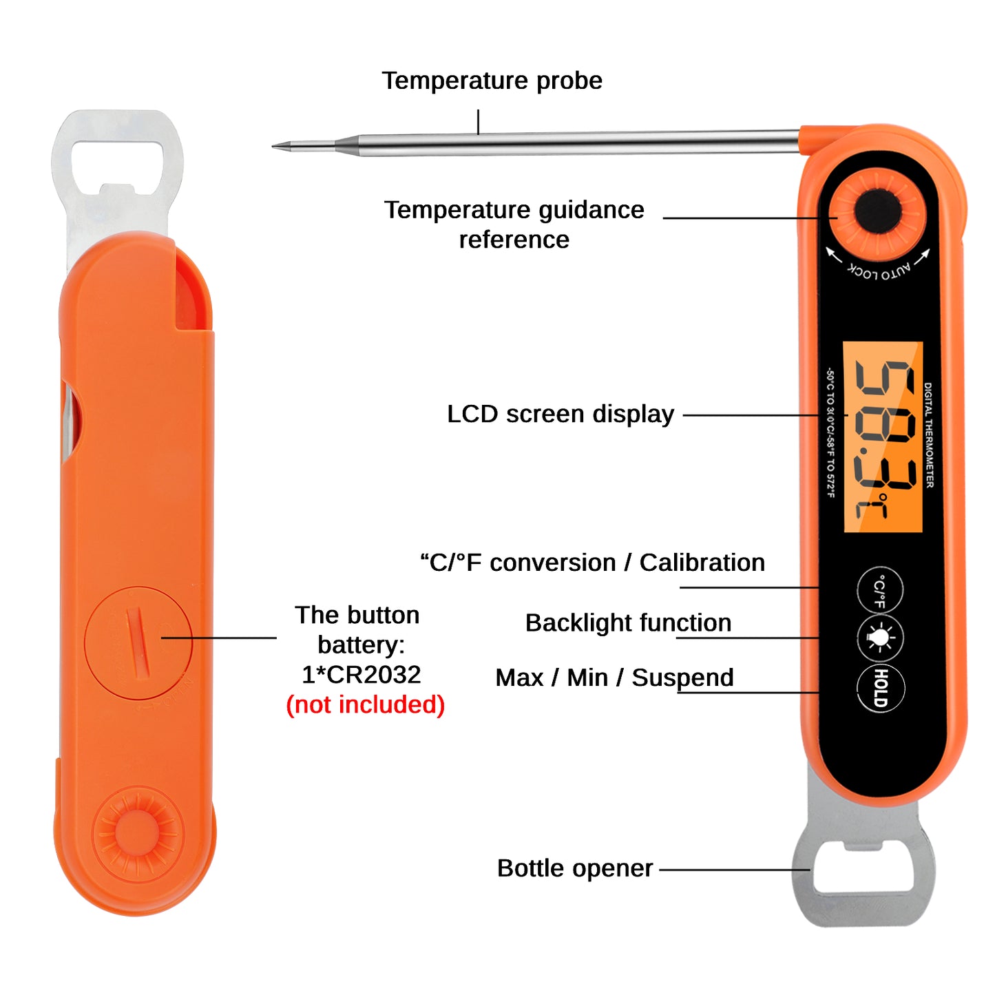 Instant Read Digital Food Thermometer - Foldable Food-Grade Stainless Steel Probe with Bottle Opener for Kitchen, BBQ, Grill (Orange /Black)