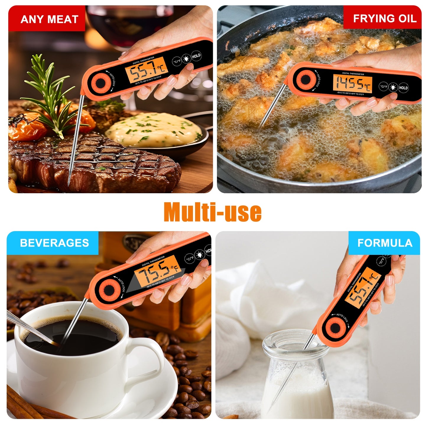 Instant Read Digital Food Thermometer - Foldable Food-Grade Stainless Steel Probe with Bottle Opener for Kitchen, BBQ, Grill (Orange /Black)
