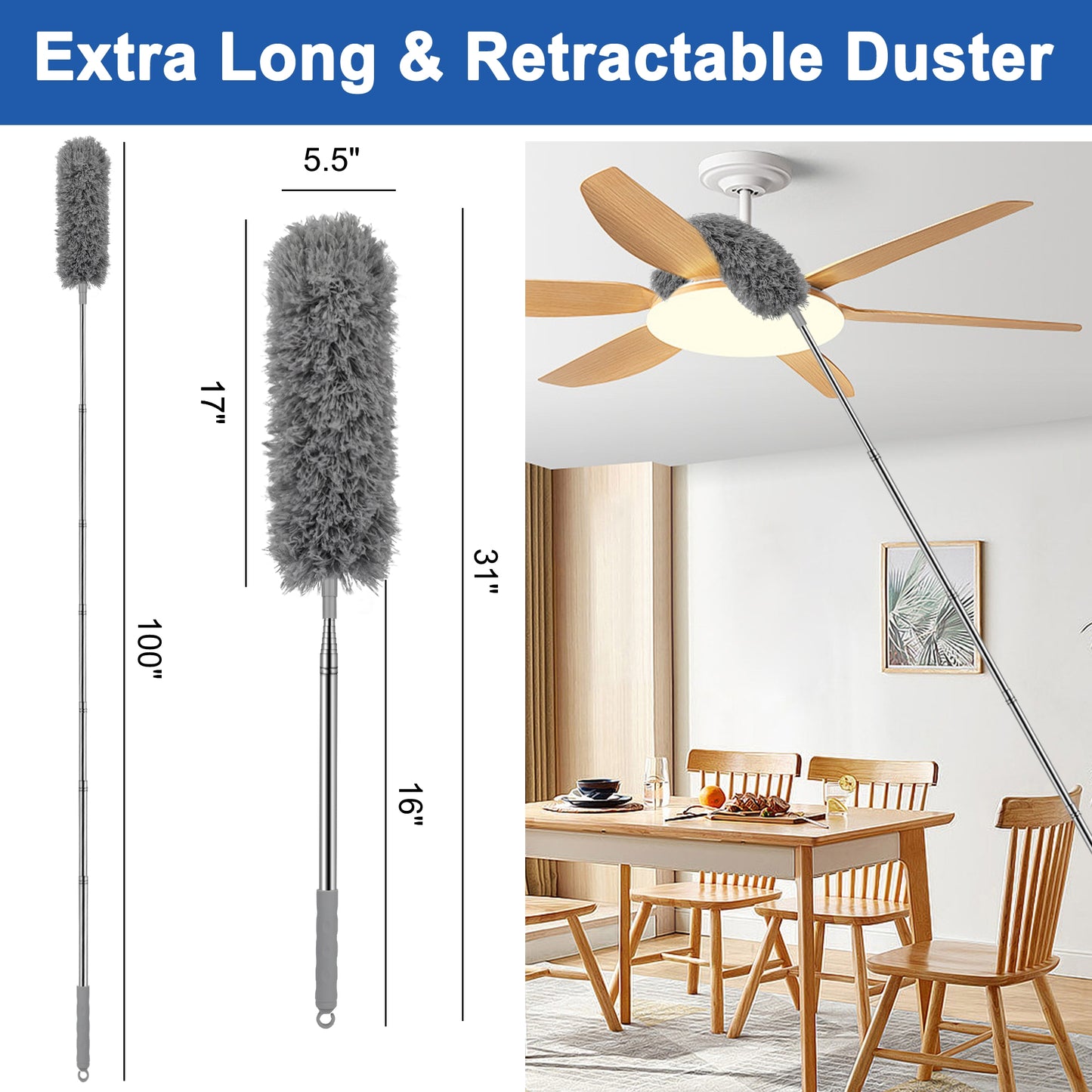 Microfiber Duster with Stainless Steel Extension Pole - Microfiber Feather Duster with 17'' to 83'' Telescoping Extension Pole,with Bendable Head,Extendable Duster for Cleaning Ceiling Fan, Interior Roof,Furniture