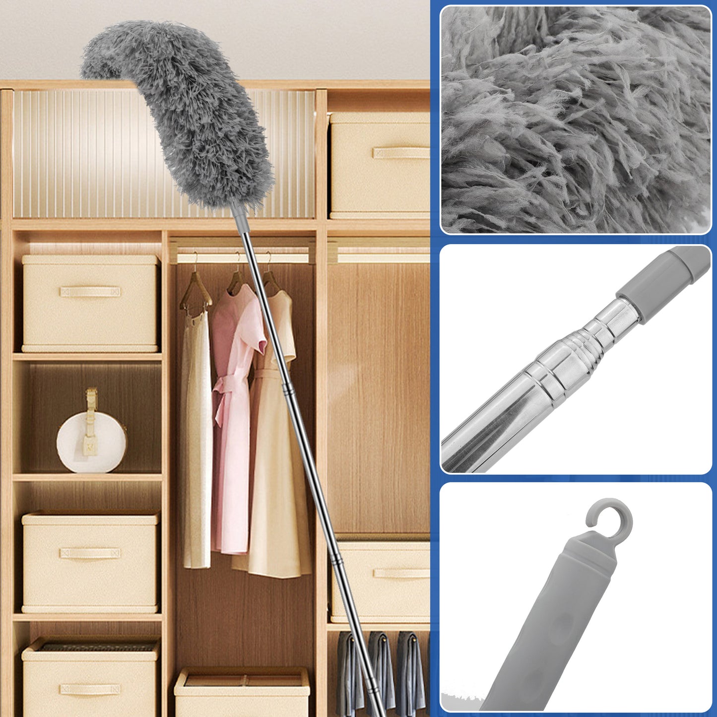 Microfiber Duster with Stainless Steel Extension Pole - Microfiber Feather Duster with 17'' to 83'' Telescoping Extension Pole,with Bendable Head,Extendable Duster for Cleaning Ceiling Fan, Interior Roof,Furniture