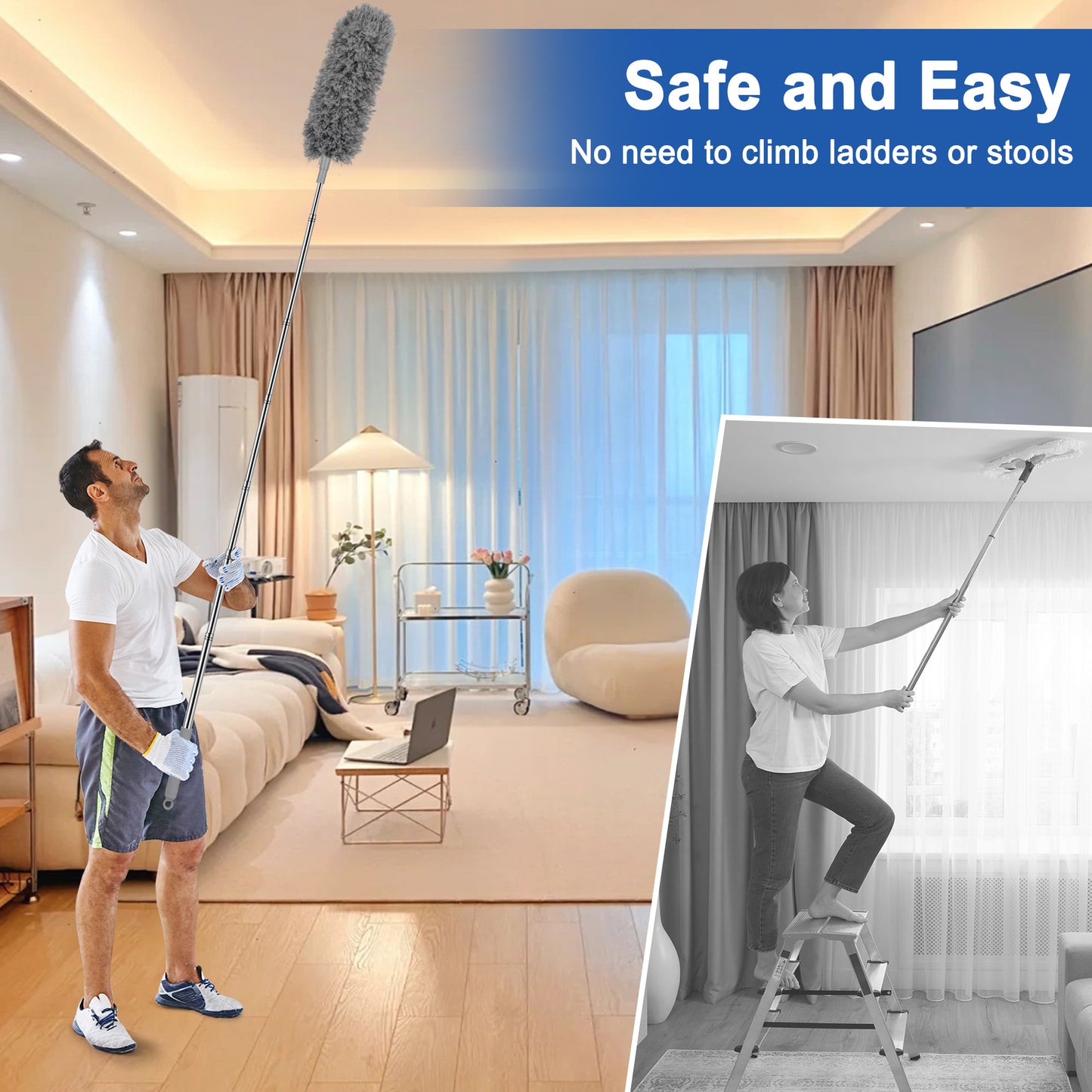 Microfiber Duster with Stainless Steel Extension Pole - Microfiber Feather Duster with 17'' to 83'' Telescoping Extension Pole,with Bendable Head,Extendable Duster for Cleaning Ceiling Fan, Interior Roof,Furniture