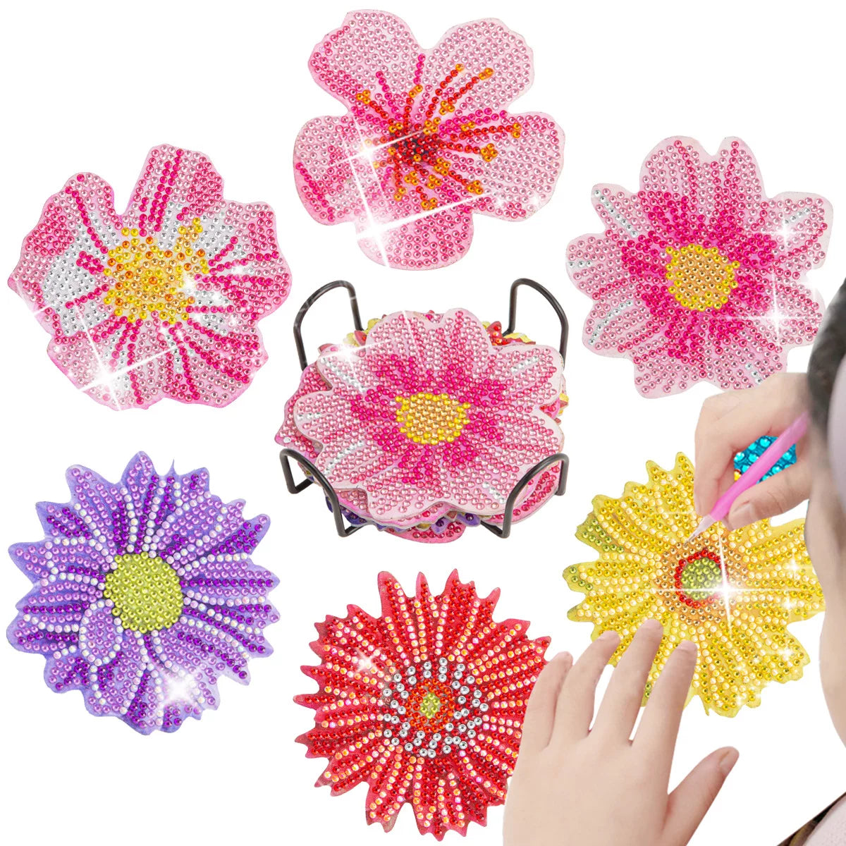 6Pcs Diamond Painting Coasters Kits with Holder - flower pattern Diamond Dot Kit Art Craft Supplies,DIY Diamond Art Coasters Kits for Beginners