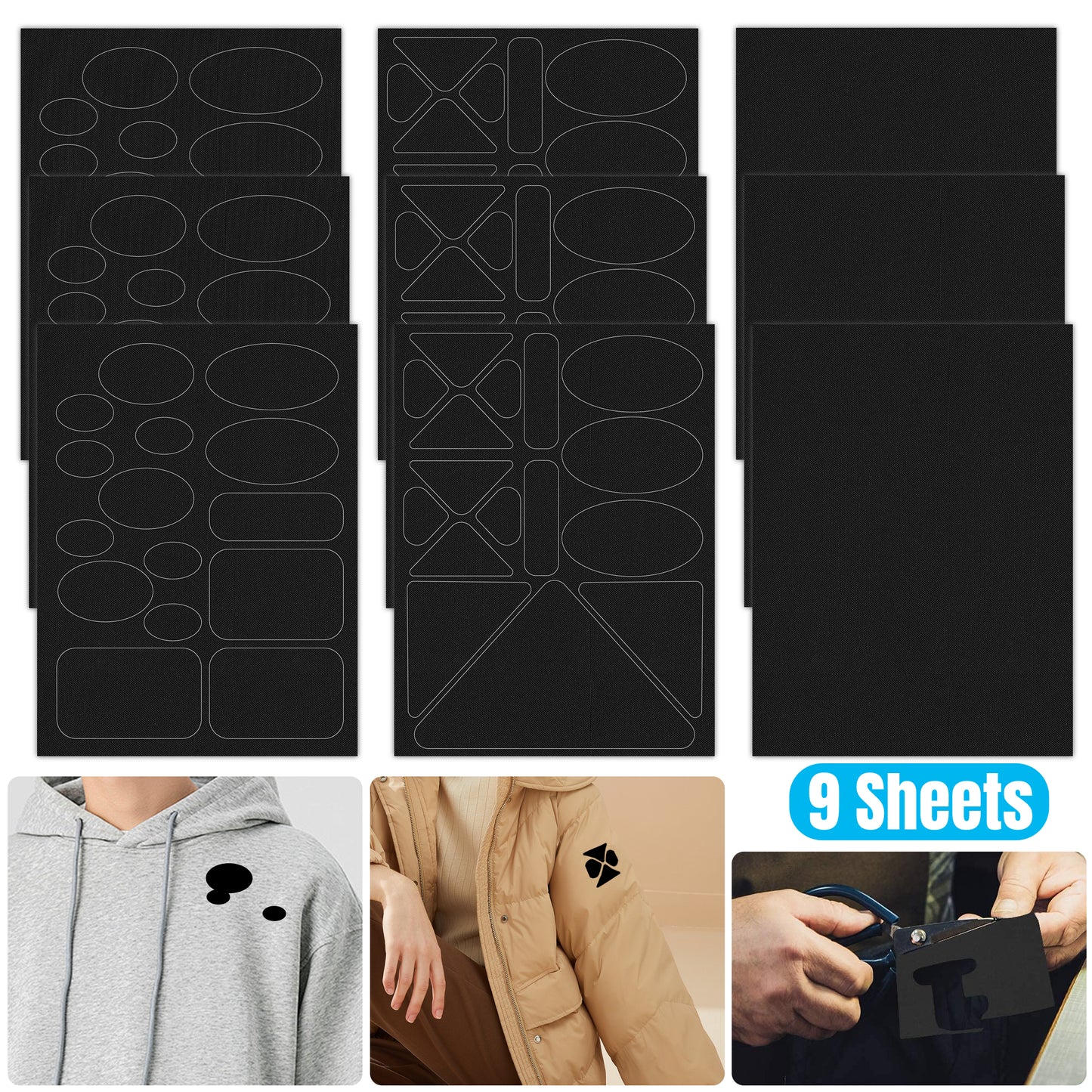 9 Sheets Nylon Self Adhesive Repair Patches - Different Size Shapes Clothes Patch Fabric Clothing Repair Tape Stickers for Down Jacket Tent Clothes Bag Outerwear Repair(Black)