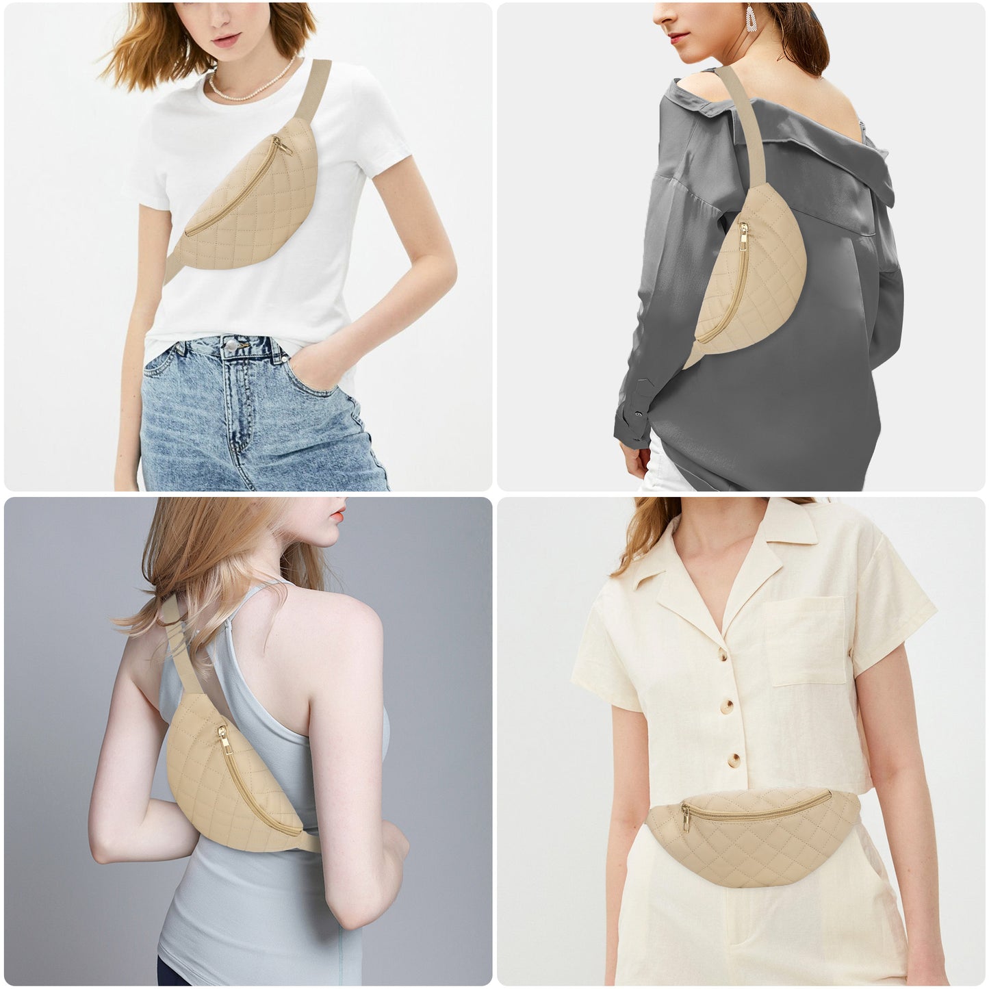Fashion Women Plaid Waist Bag - Female PU Leather Belt Bags Shoulder Crossbody Chest Bag Fanny Pack Banana Hip Purse for Sports Workout Traveling Running Casual (Beige)