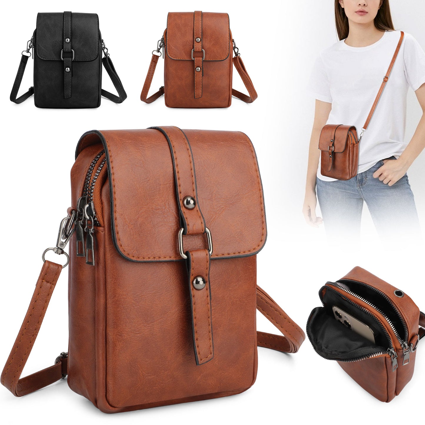 Unisex Crossbody Phone Bag with Headphone Hole - Adjustable strap PU leather Shoulder Wallet Bag Cell Phone Purse Messenger Bags for Women Men(Black)