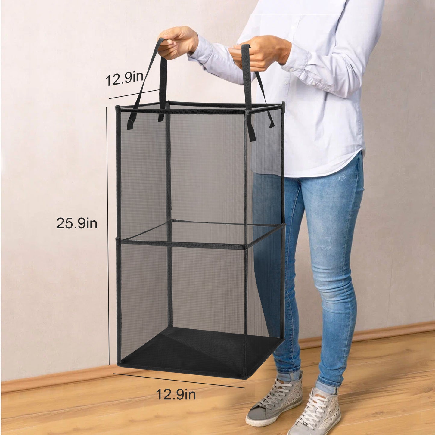 Portable Double Layer Large Mesh Pop Up Laundry Hampers - Collapsible and Durable Storage Basket with Handles for Home and Travel (Black)