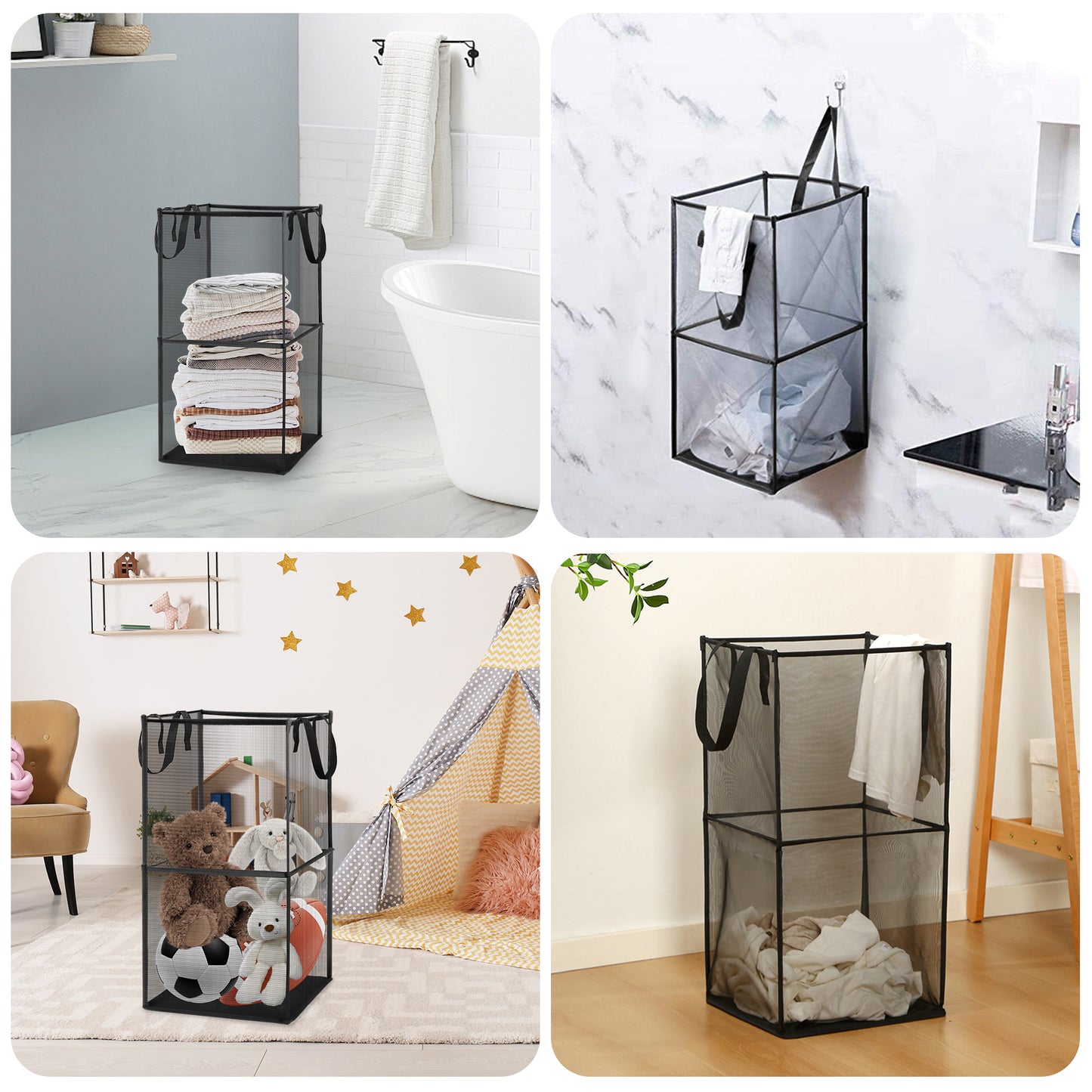 Portable Double Layer Large Mesh Pop Up Laundry Hampers - Collapsible and Durable Storage Basket with Handles for Home and Travel (Black)