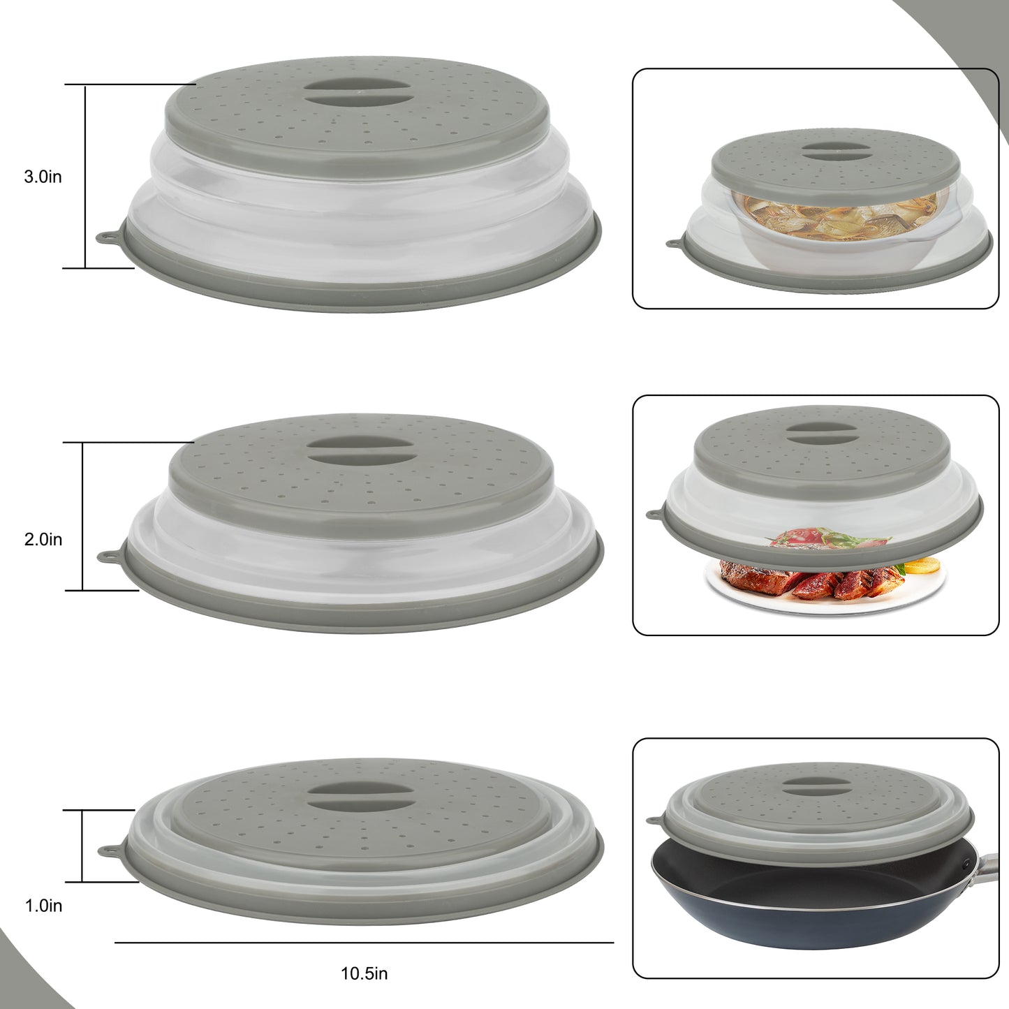 Collapsible Microwave Splatter Cover - 10.5" Silicone & Plastic Plate Cover with Steam Vent for Food & Meal Prep Fruit Drainer Basket( Gray)