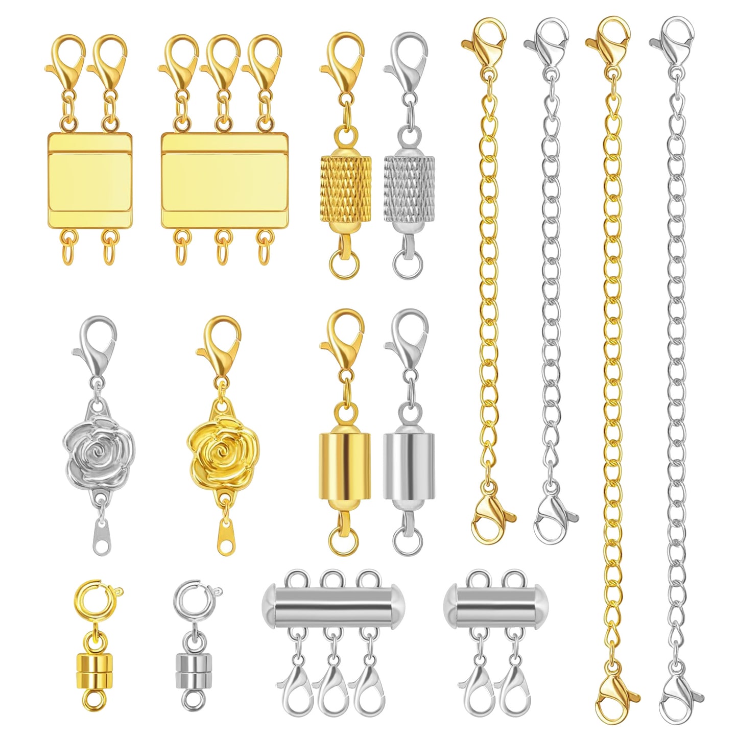 16Pcs 8 Style Magnetic Necklace Clasps & Extender Set - Jewelry Magnetic Clasp Connector Locking Magnetic Clasp Bracelet Extender for Easy Crafting(Gold, Silver)