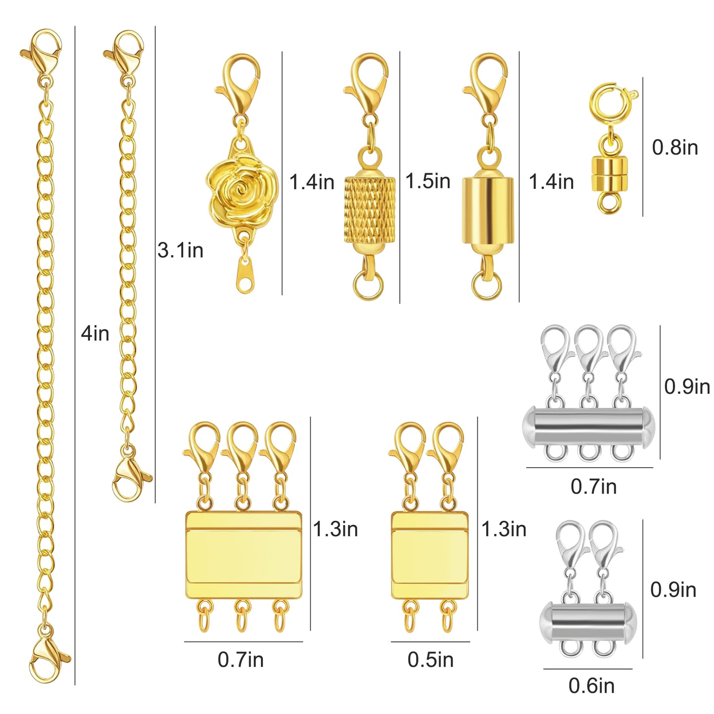 16Pcs 8 Style Magnetic Necklace Clasps & Extender Set - Jewelry Magnetic Clasp Connector Locking Magnetic Clasp Bracelet Extender for Easy Crafting(Gold, Silver)