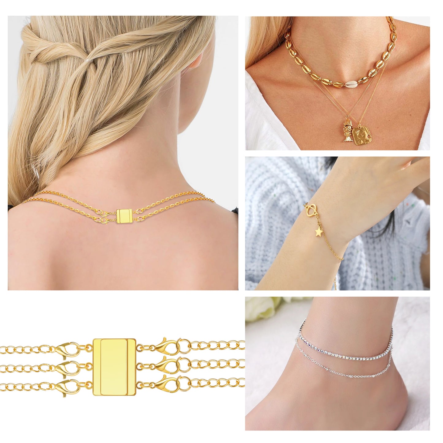 16Pcs 8 Style Magnetic Necklace Clasps & Extender Set - Jewelry Magnetic Clasp Connector Locking Magnetic Clasp Bracelet Extender for Easy Crafting(Gold, Silver)