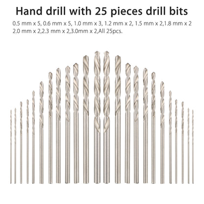 Precision Pin Vise Hobby Drill Mini Micro Hand Twist Drill Bits Set Holes Drilling Rotary Tools Kit, 0.5-3mm, 25pcs