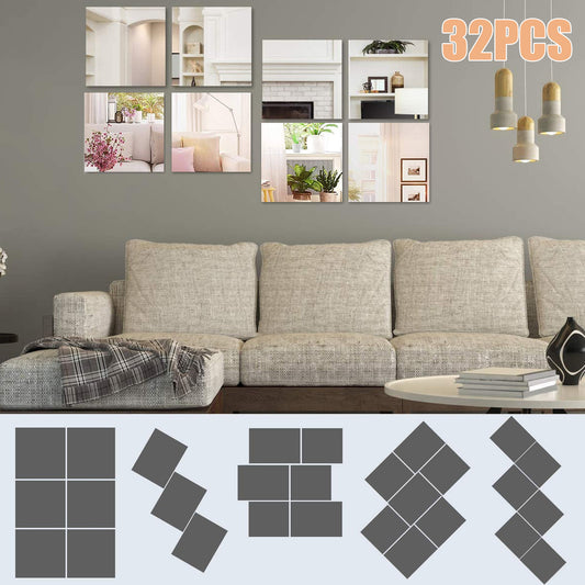 32 Pieces Flexible Mirror Sheets Non Glass Mirror Self Adhesive Tiles Mirror Wall Stickers for Home Decoration, 6 x 6 Inches