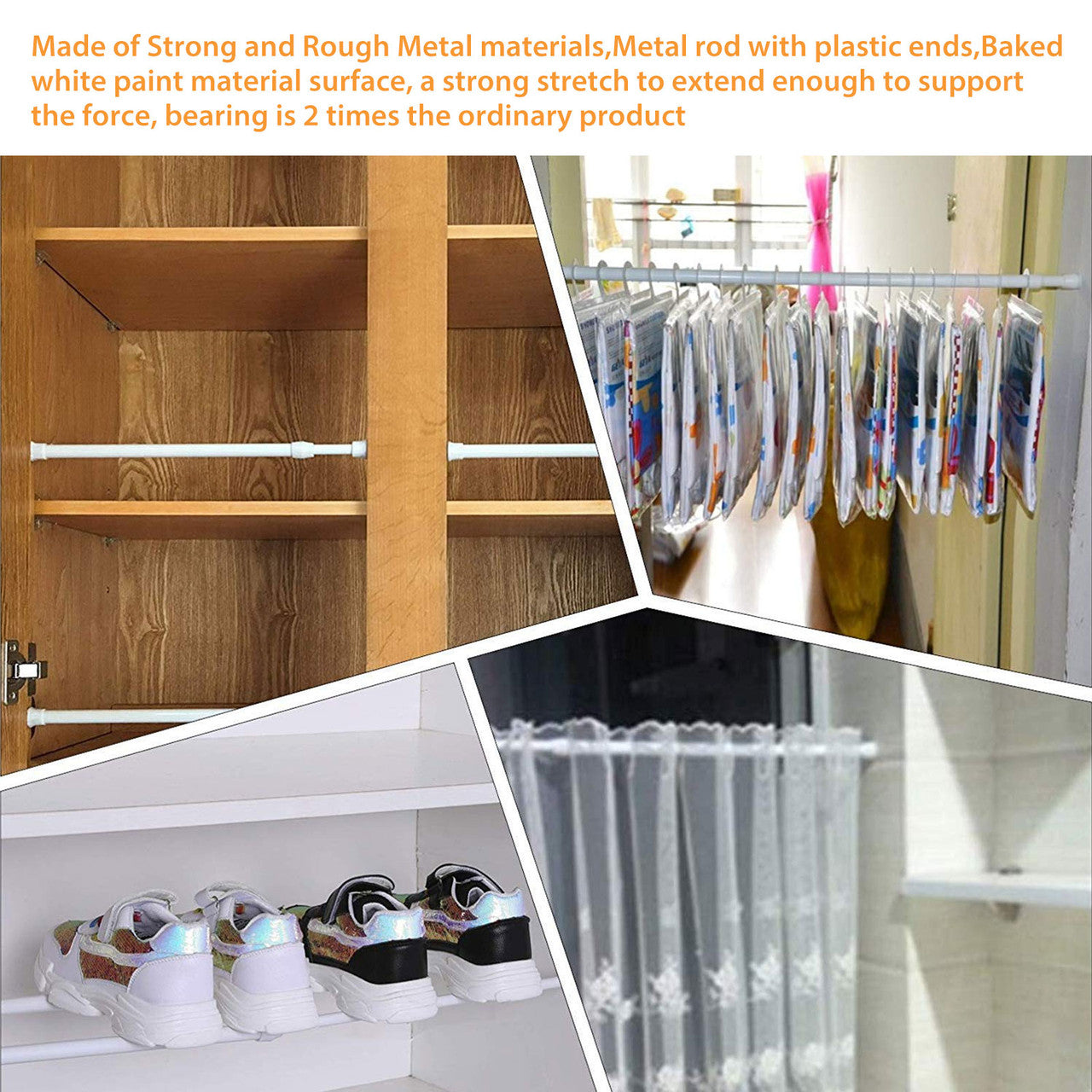 Adjustable Tension Rods 11.8" to 27.6", 1Pcs Spring Tension Rods, Extension Spring Rods Closet Rod Cupboard Bars Tensions Rod for Windows,Kitchen, Bathroom,Cupboard,Wardrobe (White)