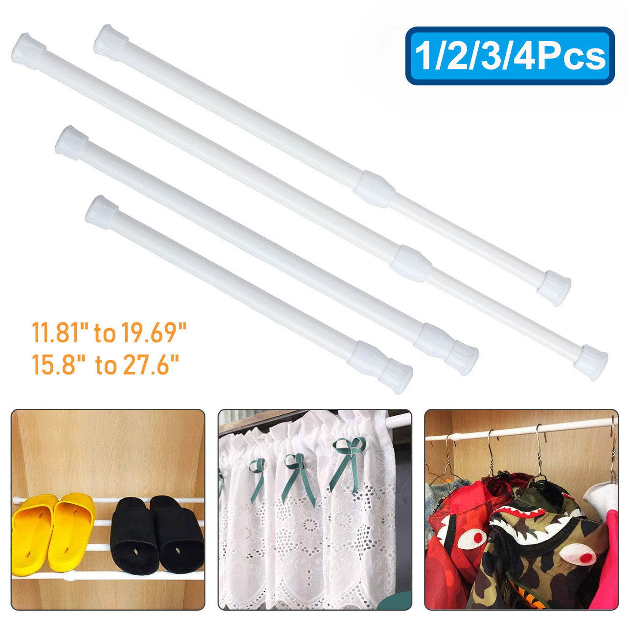 Adjustable Tension Rods 11.8" to 27.6", 1Pcs Spring Tension Rods, Extension Spring Rods Closet Rod Cupboard Bars Tensions Rod for Windows,Kitchen, Bathroom,Cupboard,Wardrobe (White)