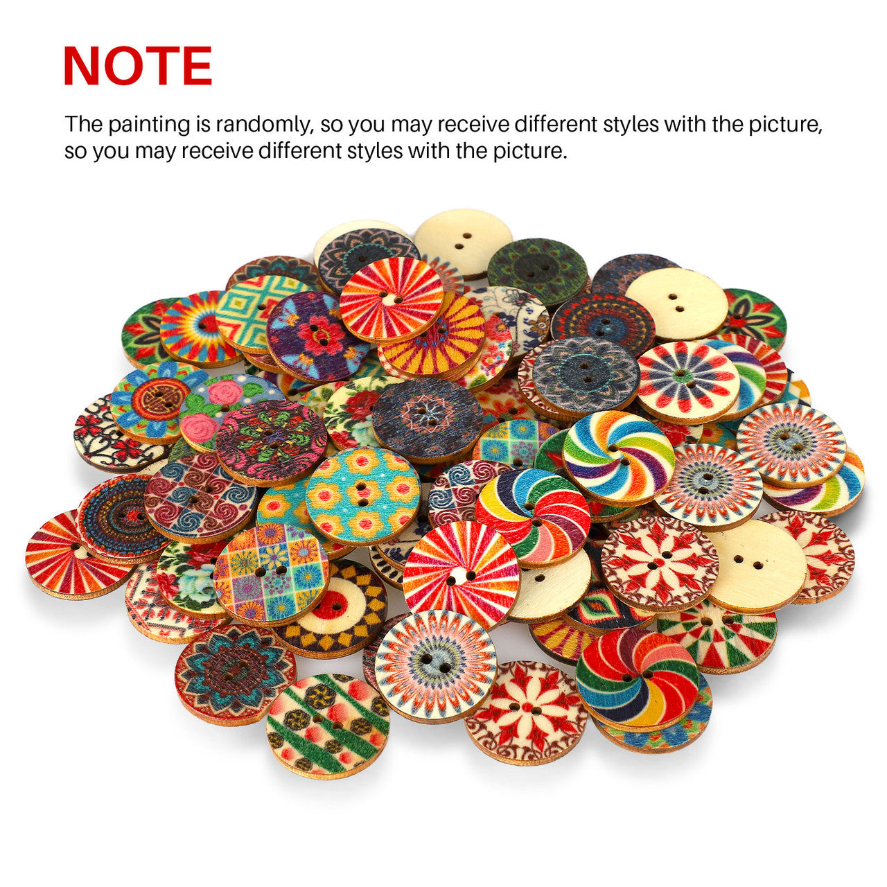 Wooden Buttons, Mixed 2 Holes Buttons 1 Inch Round Wood Buttons Vintage Assorted Random Color Flower Painting Buttons Decorative Buttons for DIY Sewing Crafting Decoration, 100pcs