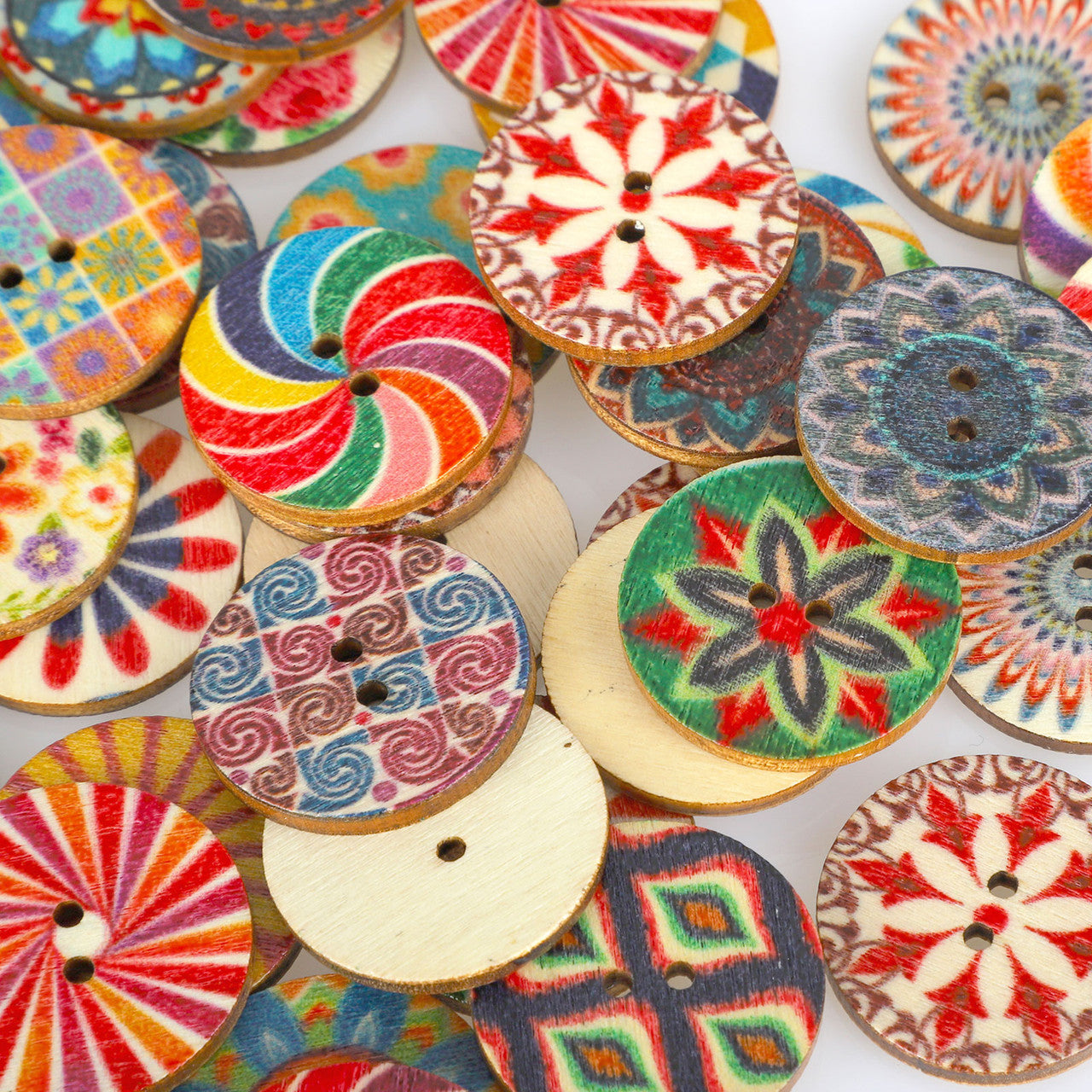 Wooden Buttons, Mixed 2 Holes Buttons 1 Inch Round Wood Buttons Vintage Assorted Random Color Flower Painting Buttons Decorative Buttons for DIY Sewing Crafting Decoration, 100pcs