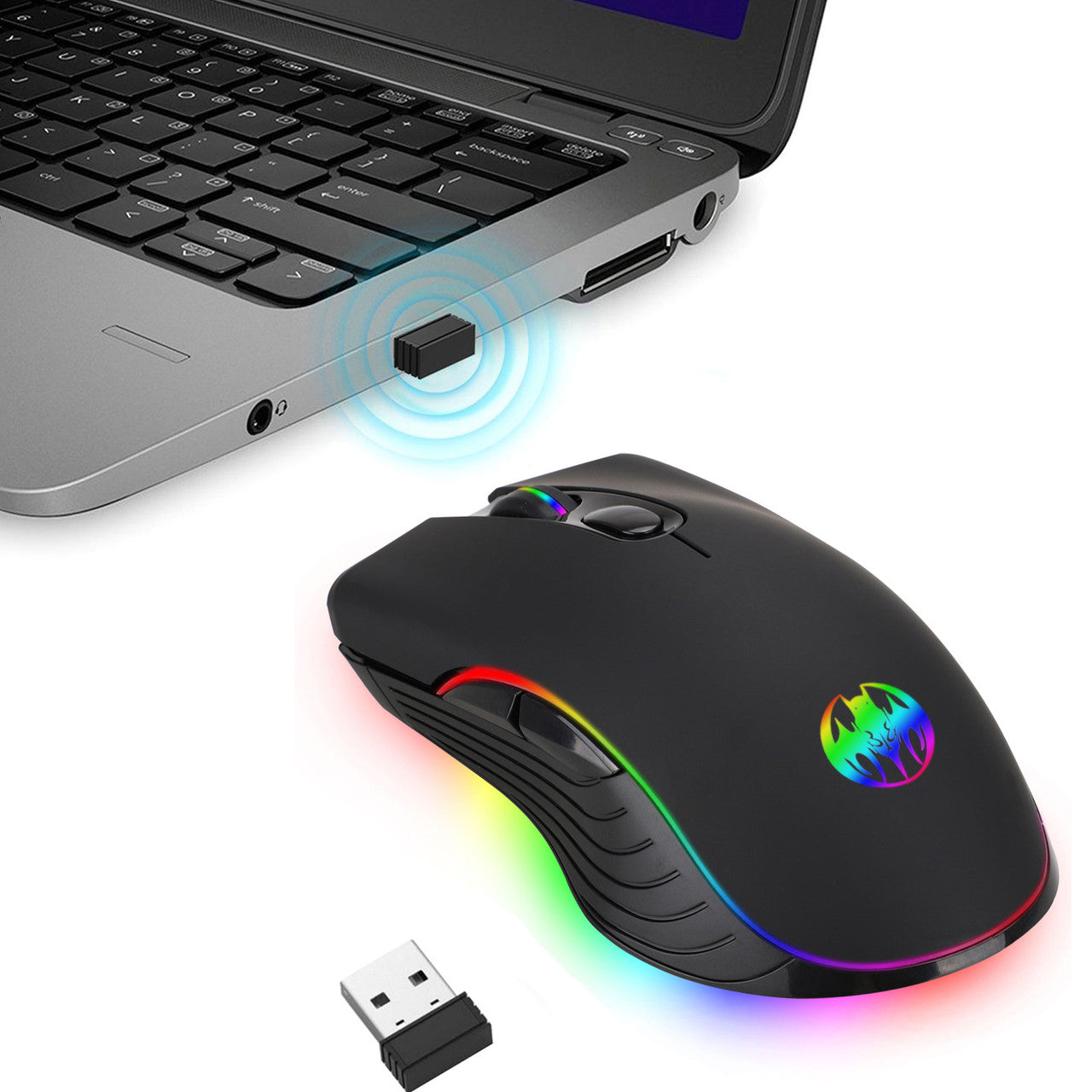 2.4G Ergonomic Wireless Optical Mouse with USB Nano Receiver for Laptop, PC, Computer, Notebook, 6 Buttons, 1600DPI, 3 Adjustment Levels, Built-in Rechargeable Battery w/Charging Cable, Black