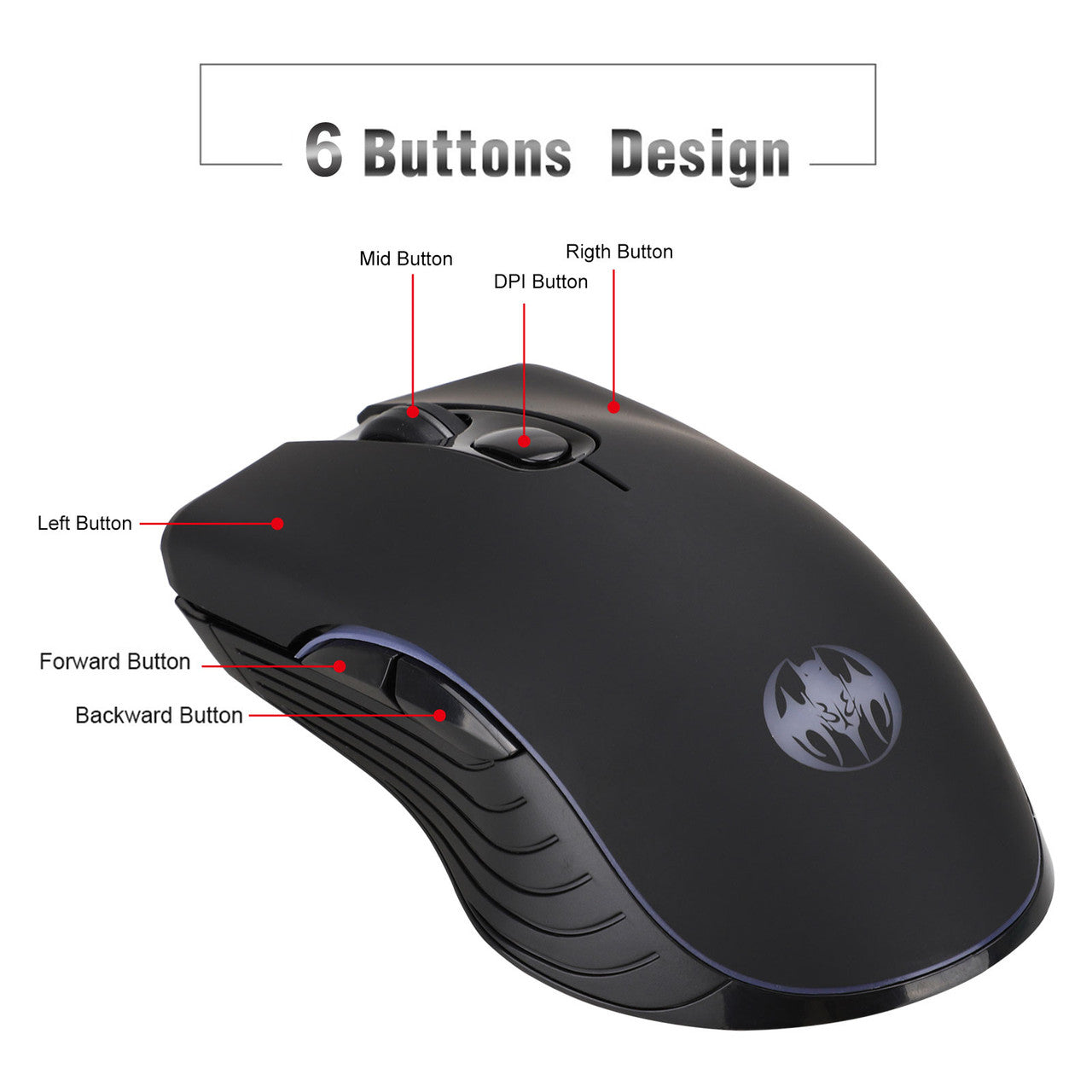 2.4G Ergonomic Wireless Optical Mouse with USB Nano Receiver for Laptop, PC, Computer, Notebook, 6 Buttons, 1600DPI, 3 Adjustment Levels, Built-in Rechargeable Battery w/Charging Cable, Black