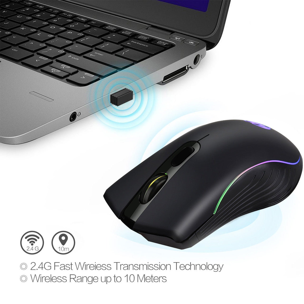 2.4G Ergonomic Wireless Optical Mouse with USB Nano Receiver for Laptop, PC, Computer, Notebook, 6 Buttons, 1600DPI, 3 Adjustment Levels, Built-in Rechargeable Battery w/Charging Cable, Black