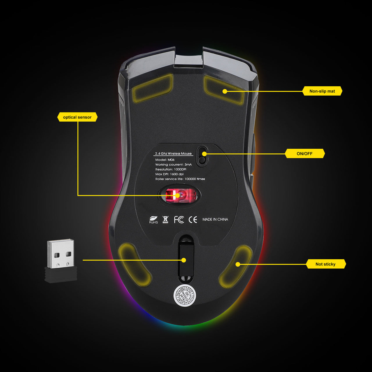 2.4G Ergonomic Wireless Optical Mouse with USB Nano Receiver for Laptop, PC, Computer, Notebook, 6 Buttons, 1600DPI, 3 Adjustment Levels, Built-in Rechargeable Battery w/Charging Cable, Black