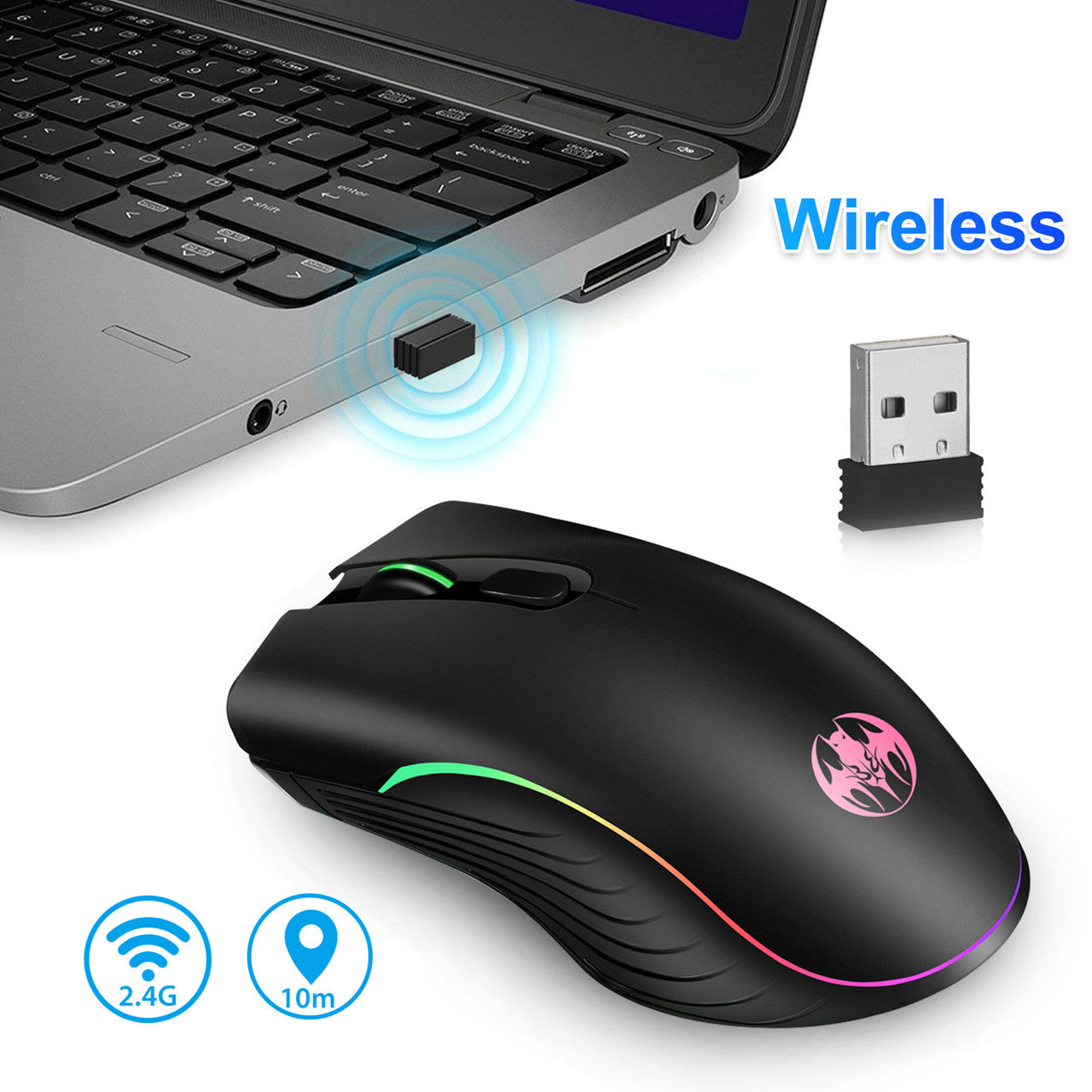 2.4G Ergonomic Wireless Optical Mouse with USB Nano Receiver for Laptop, PC, Computer, Notebook, 6 Buttons, 1600DPI, 3 Adjustment Levels, Built-in Rechargeable Battery w/Charging Cable, Black