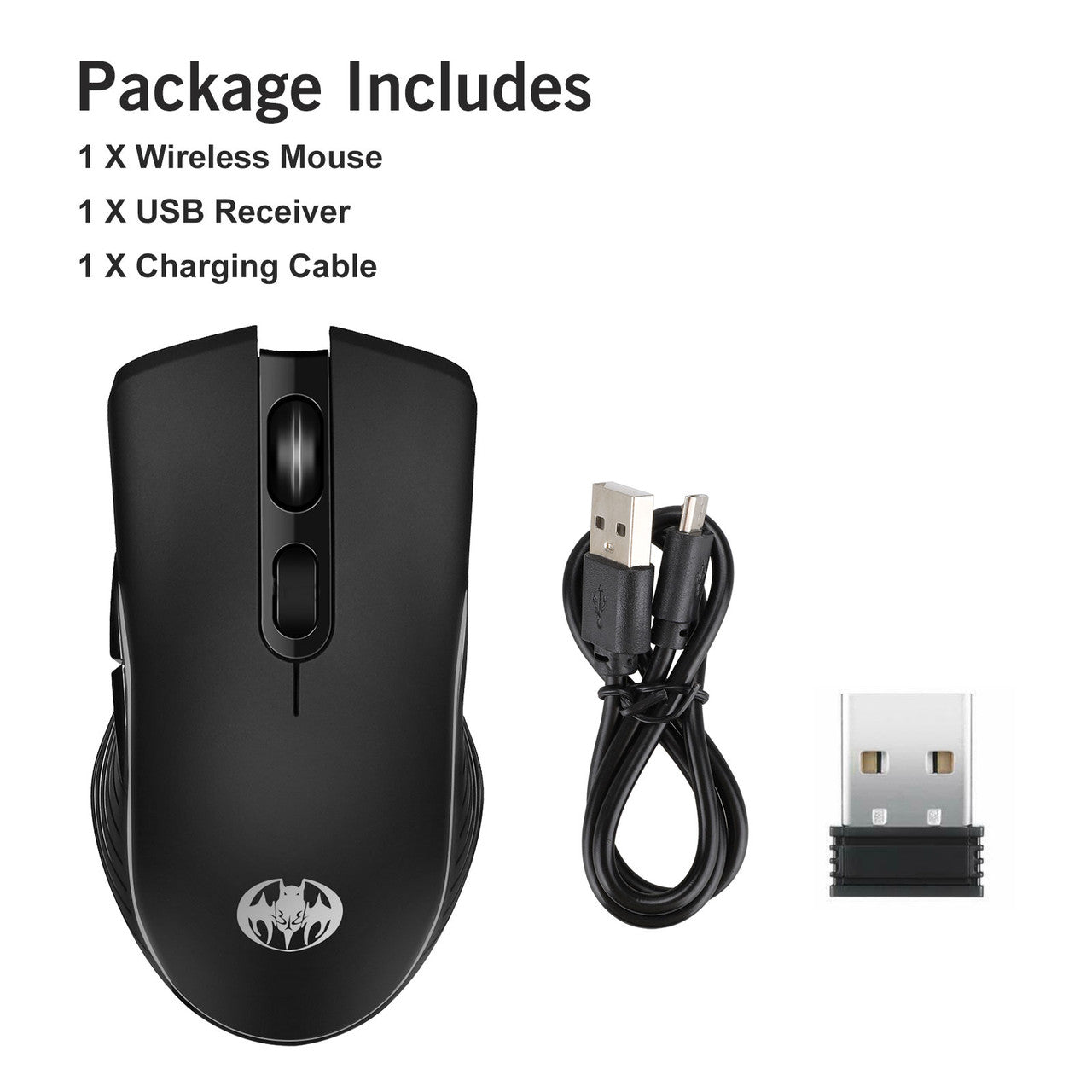 2.4G Ergonomic Wireless Optical Mouse with USB Nano Receiver for Laptop, PC, Computer, Notebook, 6 Buttons, 1600DPI, 3 Adjustment Levels, Built-in Rechargeable Battery w/Charging Cable, Black