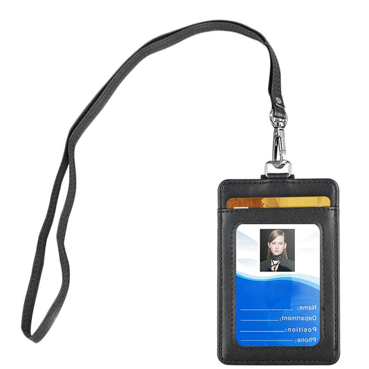 Vertical PU Leather ID Badge Holder with 1 Clear ID Window & 2 Credit Card Slot and One 20inch Detachable Neck Lanyard (Black)