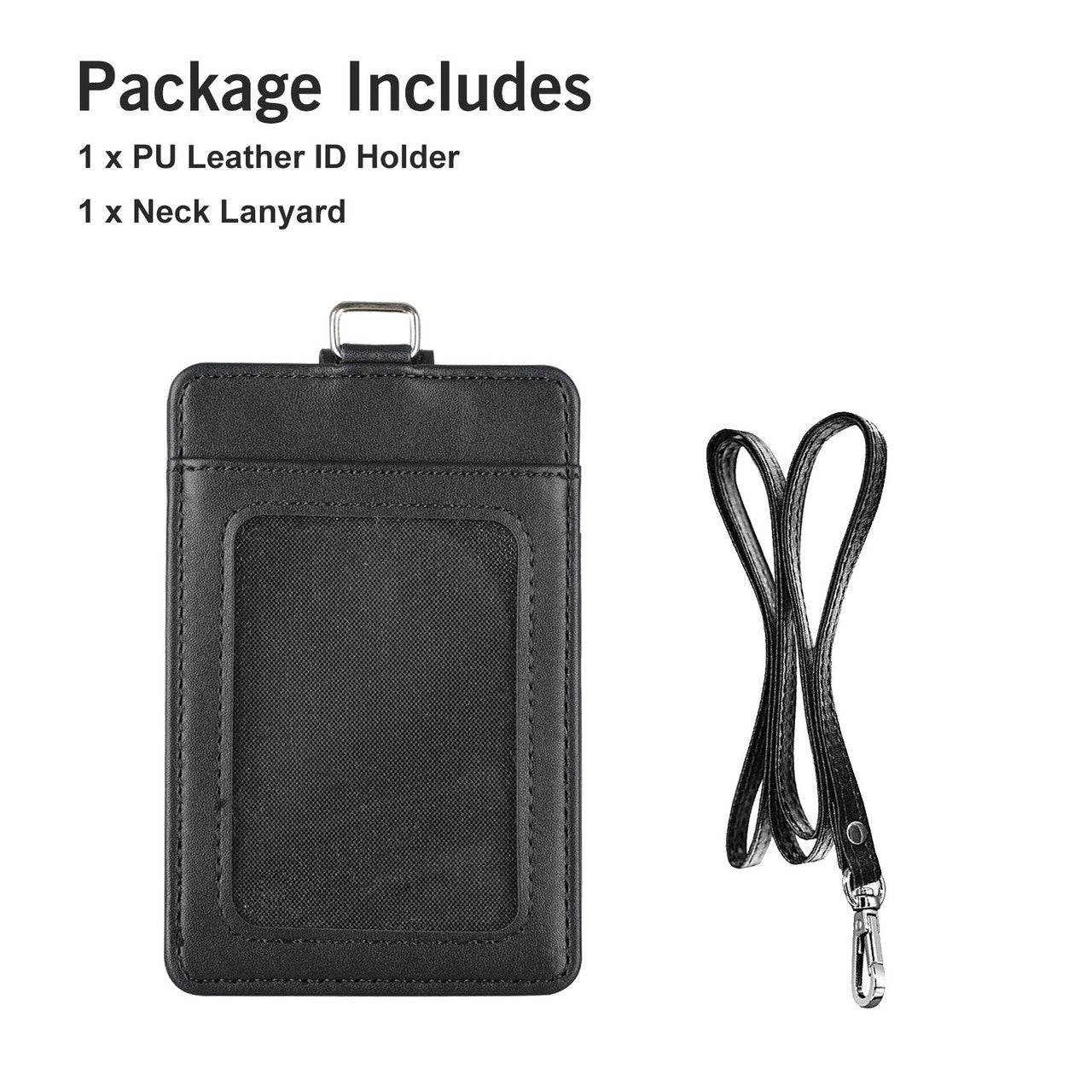 Vertical PU Leather ID Badge Holder with 1 Clear ID Window & 2 Credit Card Slot and One 20inch Detachable Neck Lanyard (Black)
