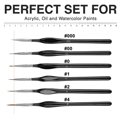 6pc Nylon Hair Paint Brush Set with Pointed Round Tip for Watercolor Acrylic Oil