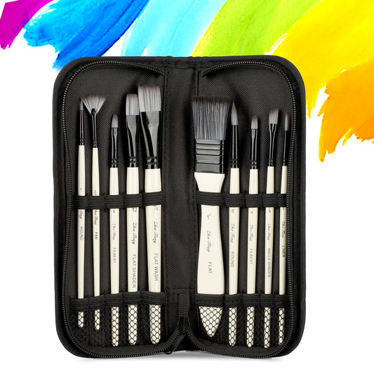 10Pcs Paint Brush Set for Watercolor, Acrylic, Oil, Gouache, 10 Different Sizes Artist Paint Brushes Nail Brush Premium Nylon Hairs Large Flat Brush for Artists, Adults & Kids - with Carrying Case
