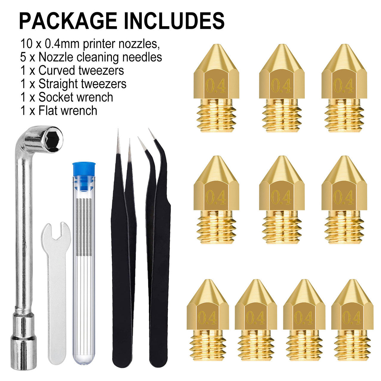 0.4mm Mk8 3D Printer Extruder Nozzle Needles Cleaning Tool Kit Ender Cr10, 19Pcs