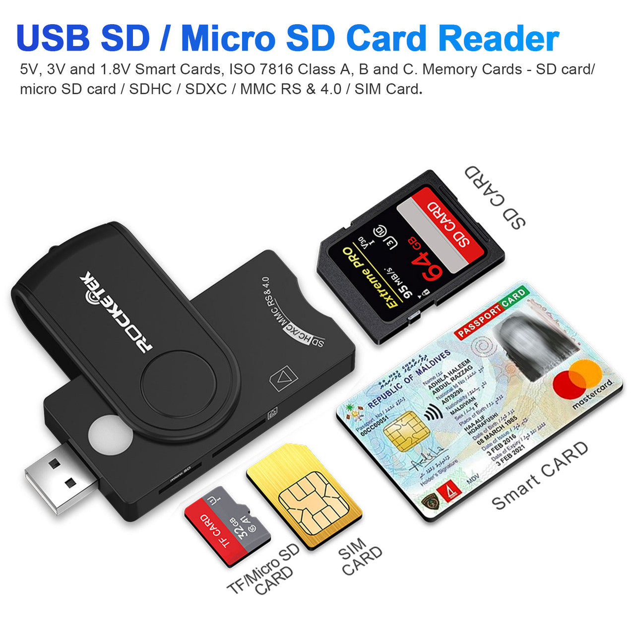 7 in 1 USB Smart Card Reader, Compact and Portable