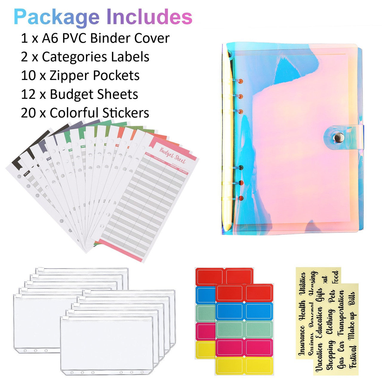 40 Packs A6 Pvc Notebook Binder Cover Budget Planner - Refillable Binder 6-Ring Personal Notebook Budget Binder Cover for A6 Refill Paper, Zipper Pockets, Budget Sheets, No Tear Stickers, Category Labels (Pink)