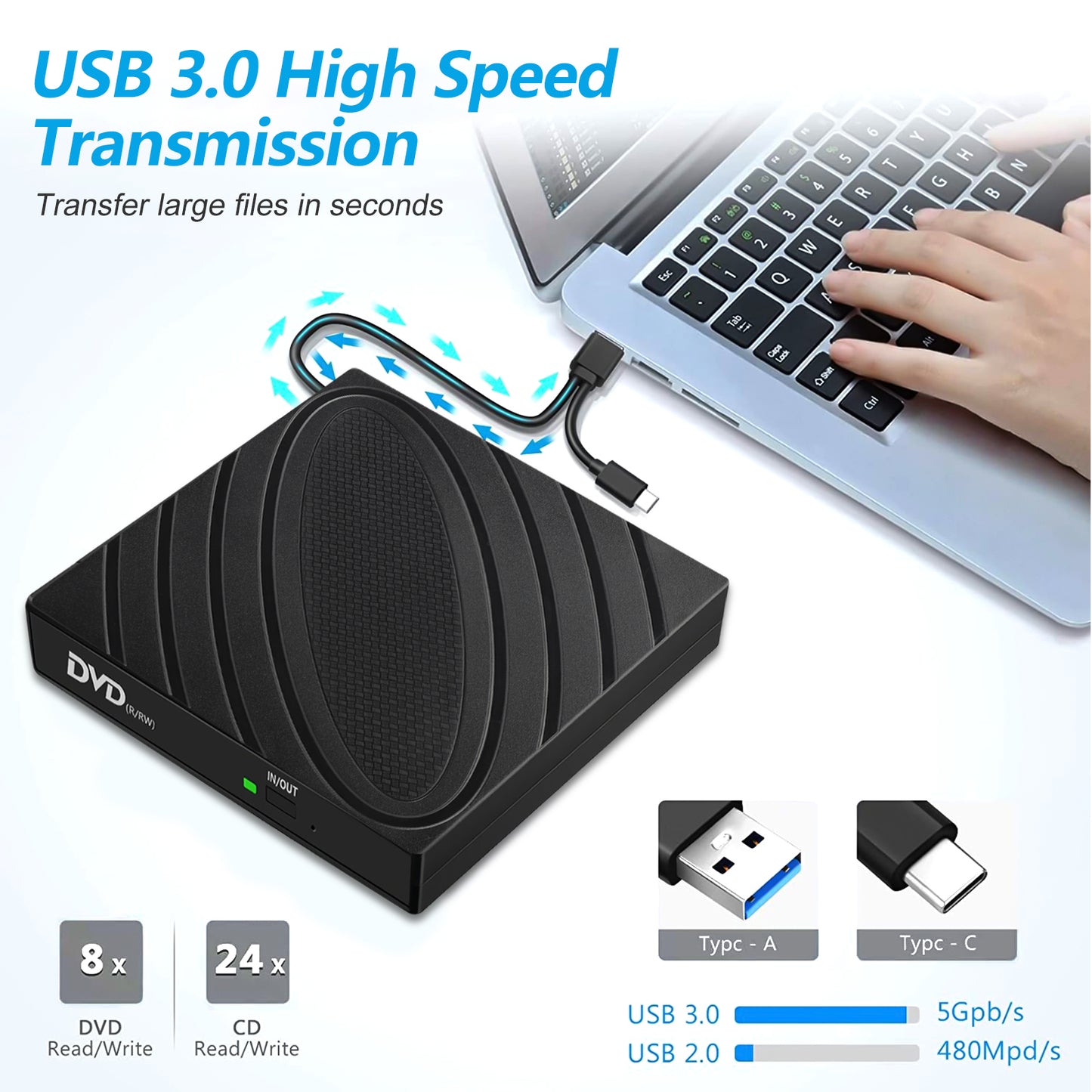 External USB 3.0 DVD RW CD Writer Drive Burner Reader Player For Laptop PC