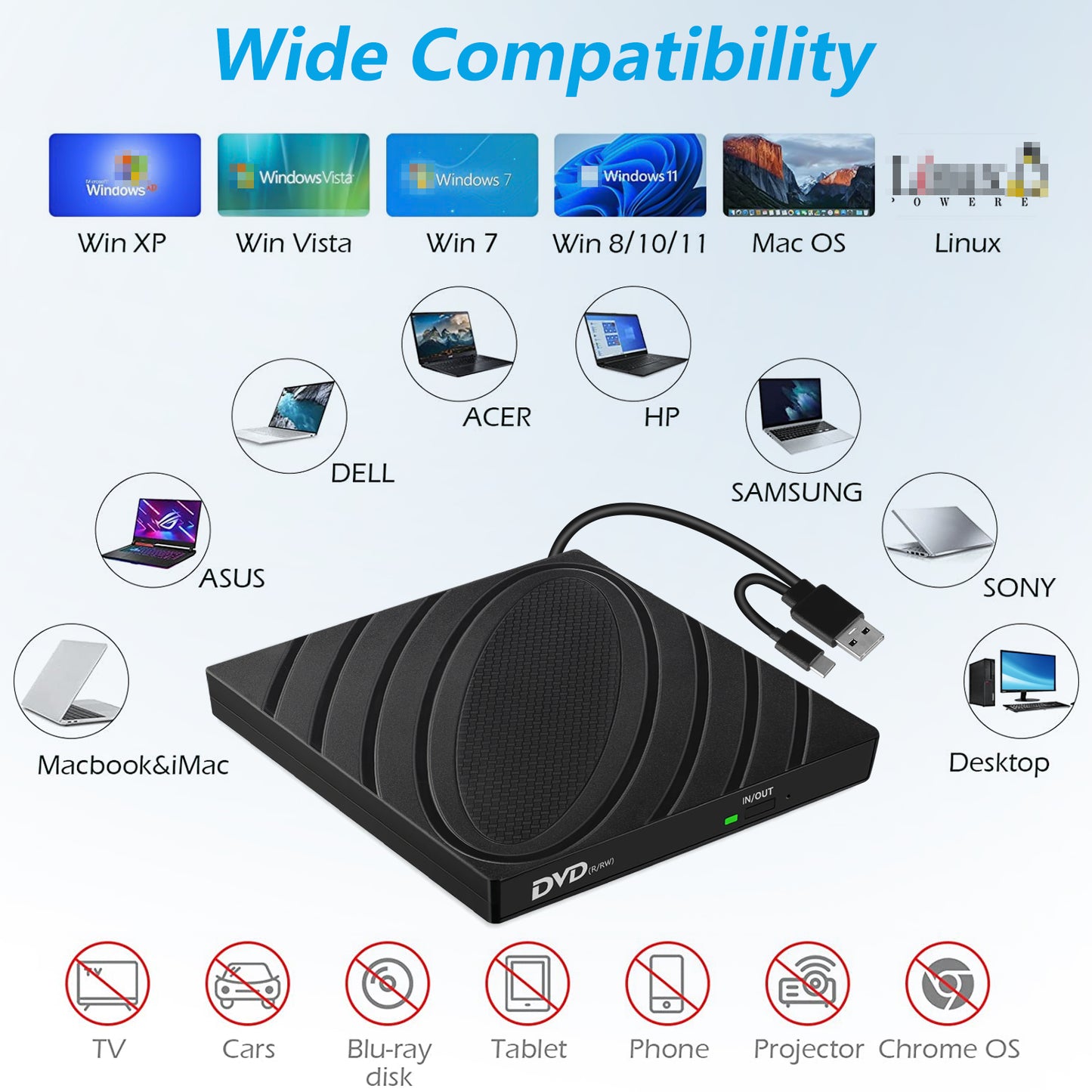External USB 3.0 DVD RW CD Writer Drive Burner Reader Player For Laptop PC