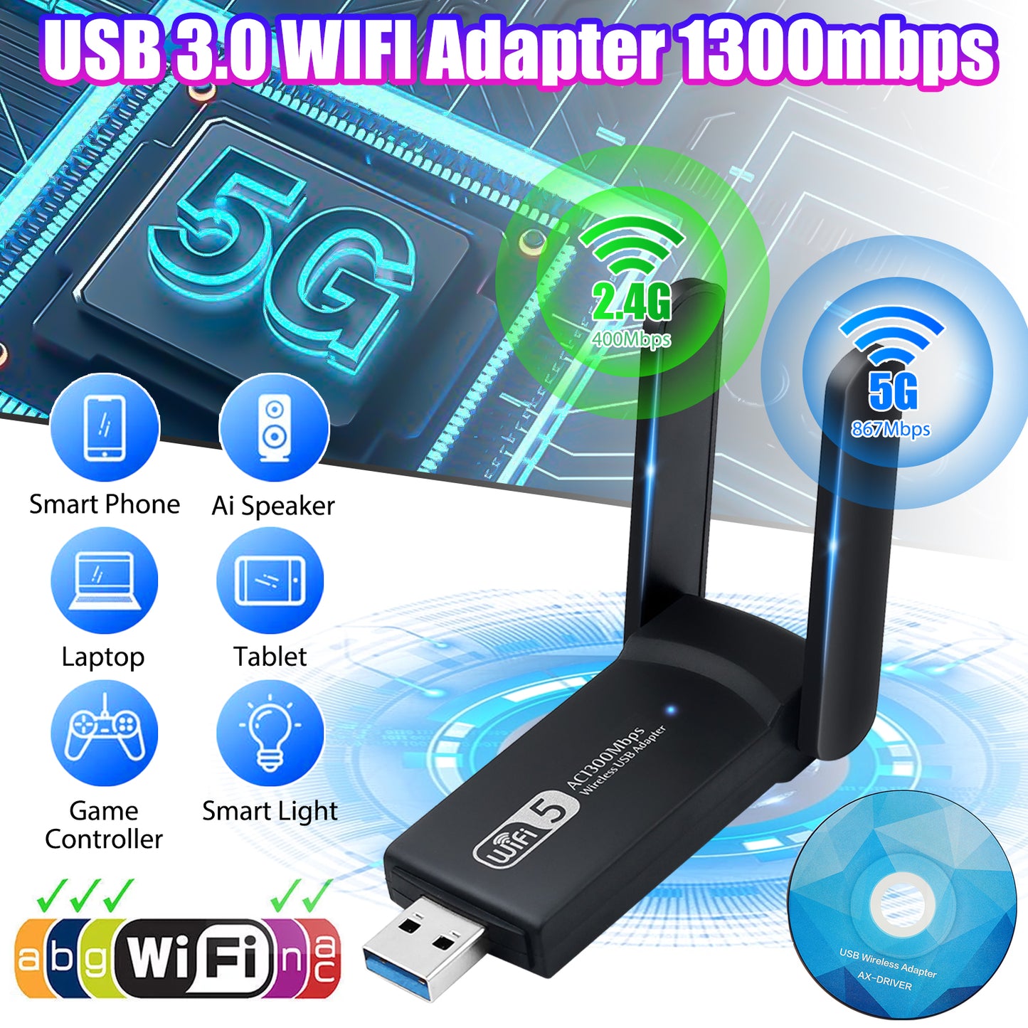 1300Mbps Long Range USB WiFi Adapter for PC Desktop Laptop