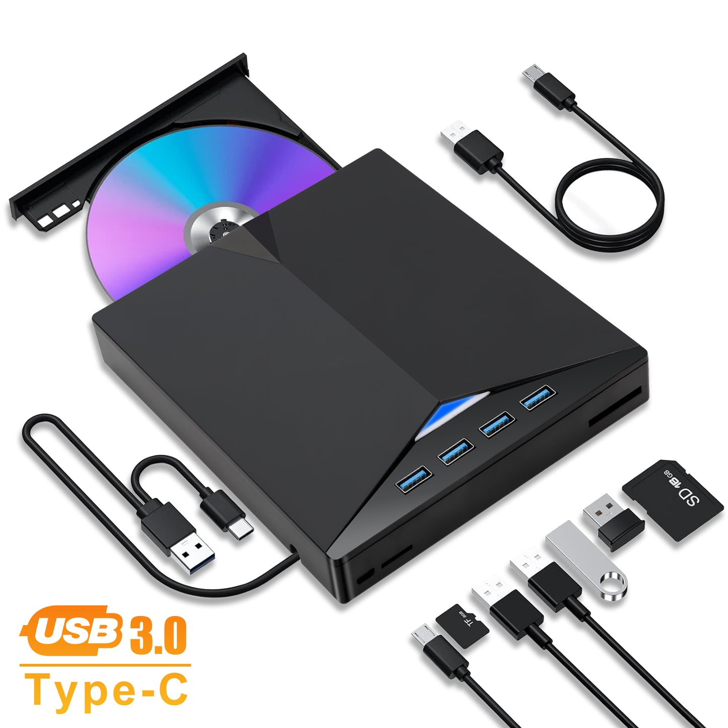 7 in 1 USB 3.0 Multi-function External CD/DVD Drive - Type-C CD/DVD +/-RW Player Reader Writer Burner, 4 USB Ports, Support SD/TF Card, Optical CD DVD Drive (Black)