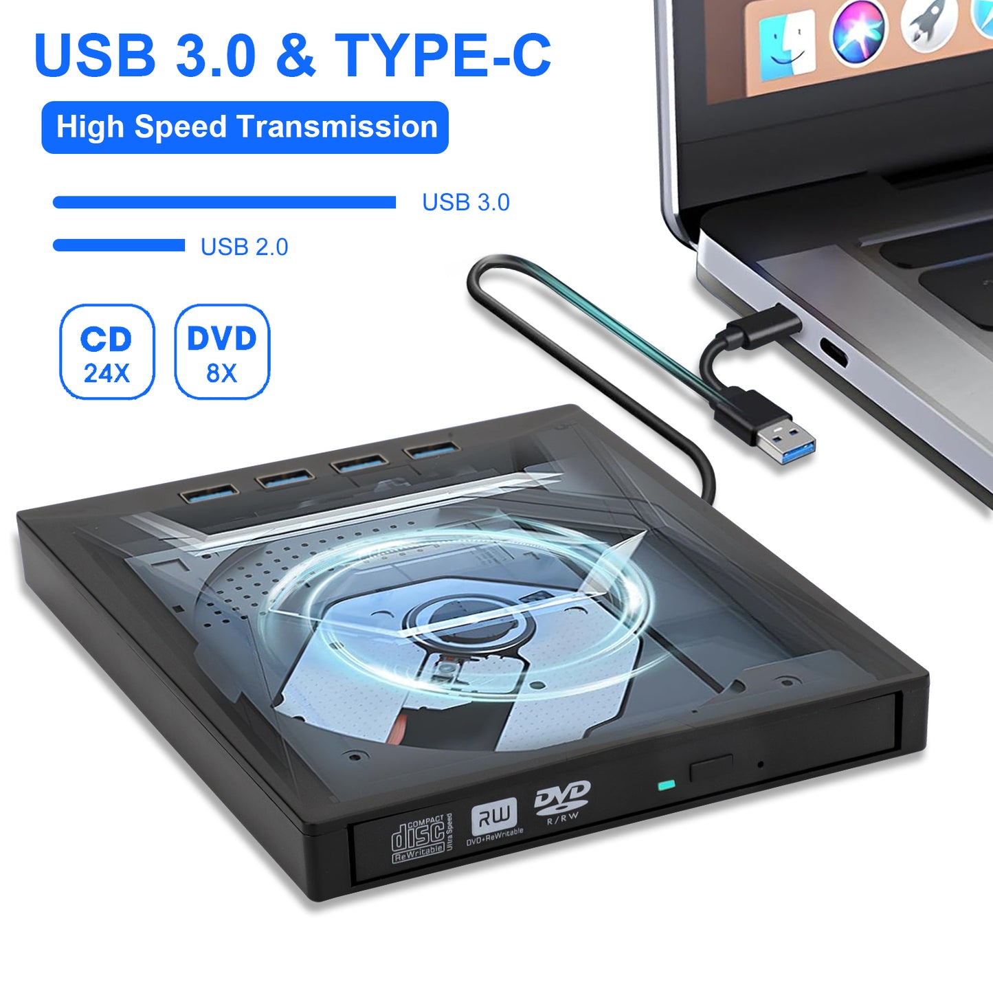 7 in 1 USB 3.0 Multi-function External CD/DVD Drive - Type-C CD/DVD +/-RW Player Reader Writer Burner, 4 USB Ports, Support SD/TF Card, Optical CD DVD Drive (Black)