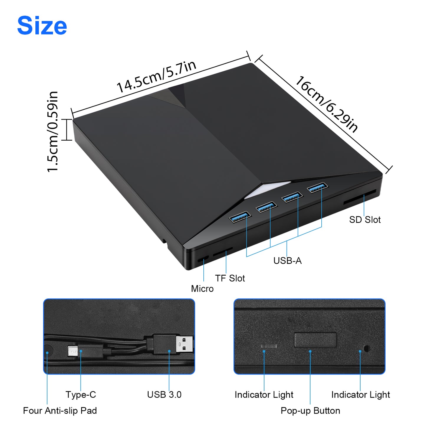 7 in 1 USB 3.0 Multi-function External CD/DVD Drive - Type-C CD/DVD +/-RW Player Reader Writer Burner, 4 USB Ports, Support SD/TF Card, Optical CD DVD Drive (Black)