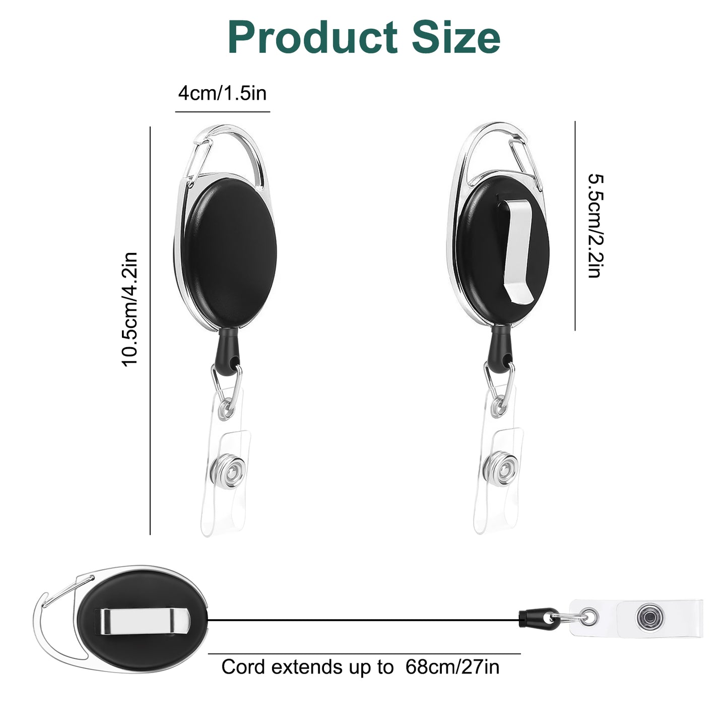 5Pcs Retractable ID Card Badge Holder - Heavy Duty Metal Keychain Reel Clip Key Ring with Waterproof Vertical Clear ID Card Holder (Black )