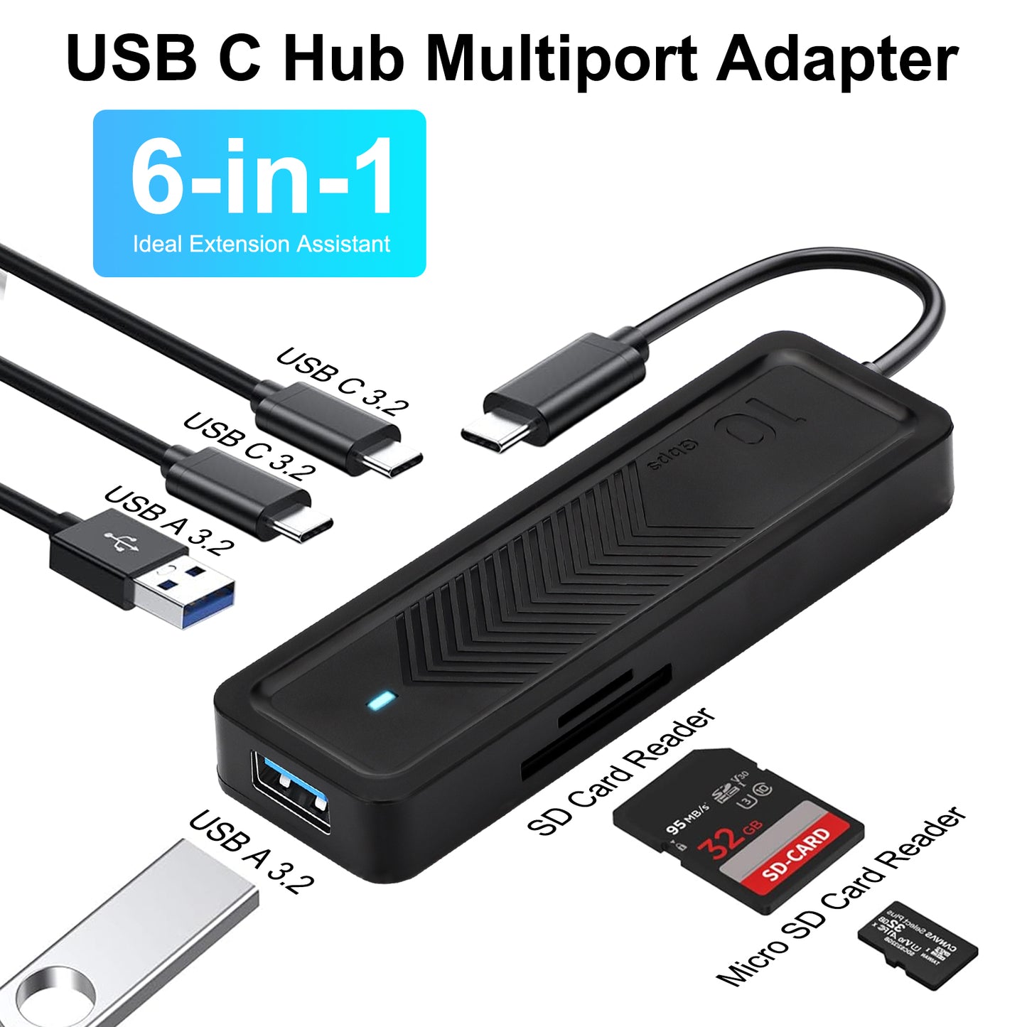 6-IN-1 USB 3.2 Type C Hub Card Reader - 10Gbps Fast Data Transmission SD/TF Card Reader and USB-C Adapter for MacBook Pro, PC, and More (Black)