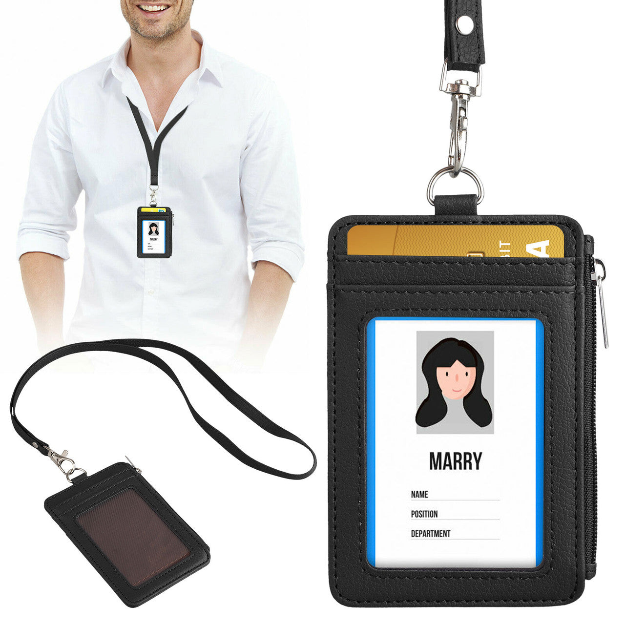 2-Sided Vertical Style PU Leather ID Badge Holder with 1 ID Window, 4 Card Slots, 1 Side Zipper Pocket and 1 Piece 20 Inch PU Neck Lanyard/Strap, Black