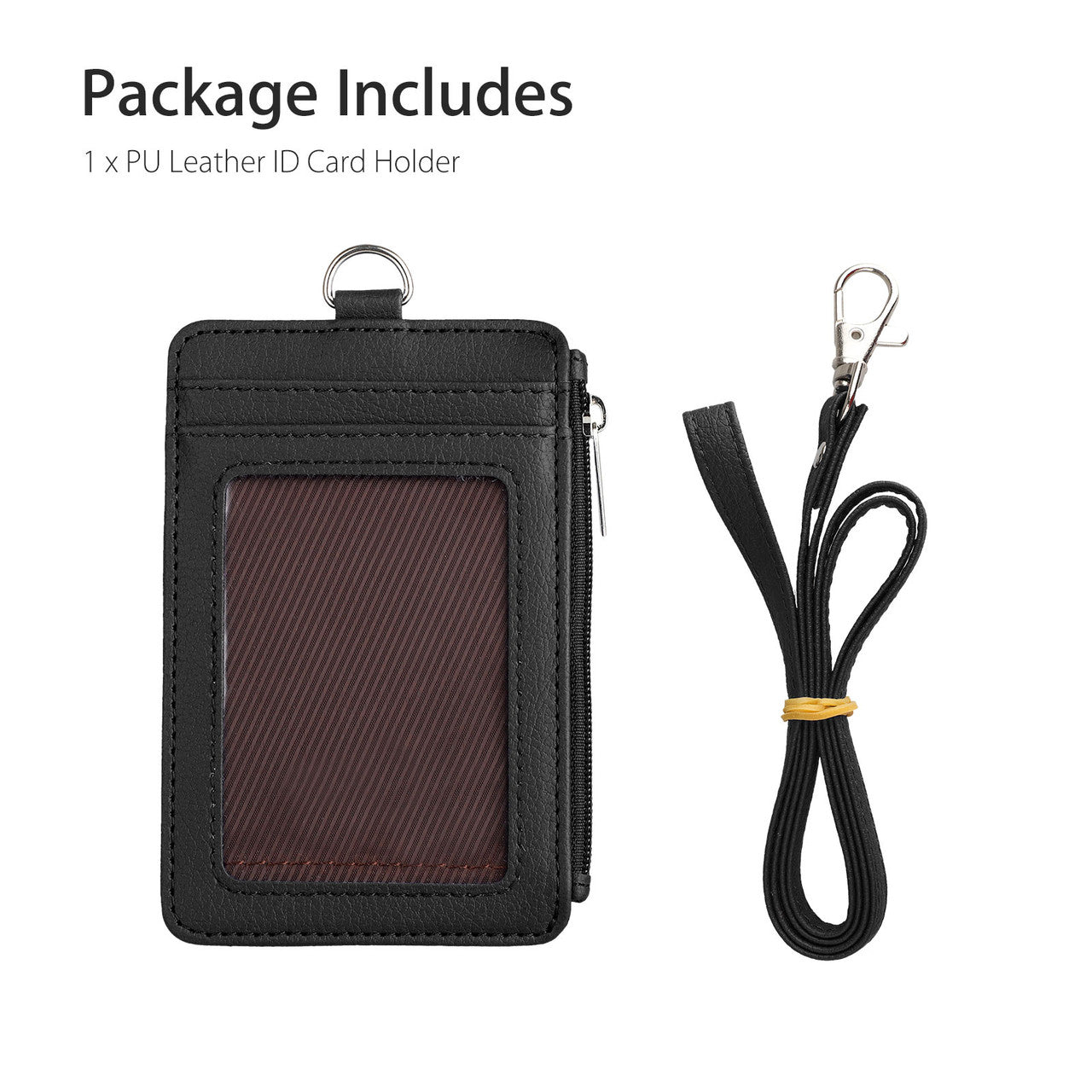 2-Sided Vertical Style PU Leather ID Badge Holder with 1 ID Window, 4 Card Slots, 1 Side Zipper Pocket and 1 Piece 20 Inch PU Neck Lanyard/Strap, Black