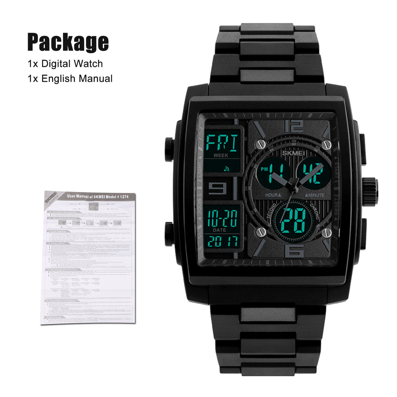 Military 50M Waterproof Electronic Watches, Multifunction Analog Digital Watches with Backlight 3 Time Zone, LED Square Screen Large Face Stopwatch Alarm Wristwatch